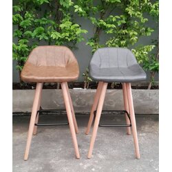 เก้าอี้บาร์ขาไม้ ที่นั่งเสริมเบาะหุ้มหนัง PU สี เทา ดำ น้ำตาล