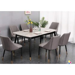 *พร้อมส่ง* ชุดโต๊ะอาหารหน้าหินโครงขาเหล็กปลายเรียวสีทอง พร้อมเก้าอี้หุ้มหนัง สำหรับ 6 ที่นั่ง