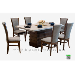 โต๊ะอาหารไม้จริงหน้าหิน 6 ที่นั่ง เก้าอี้ไม้จริงเสริมฟองน้ำหุ้มผ้า ขนาด 180*100*76 ซม.