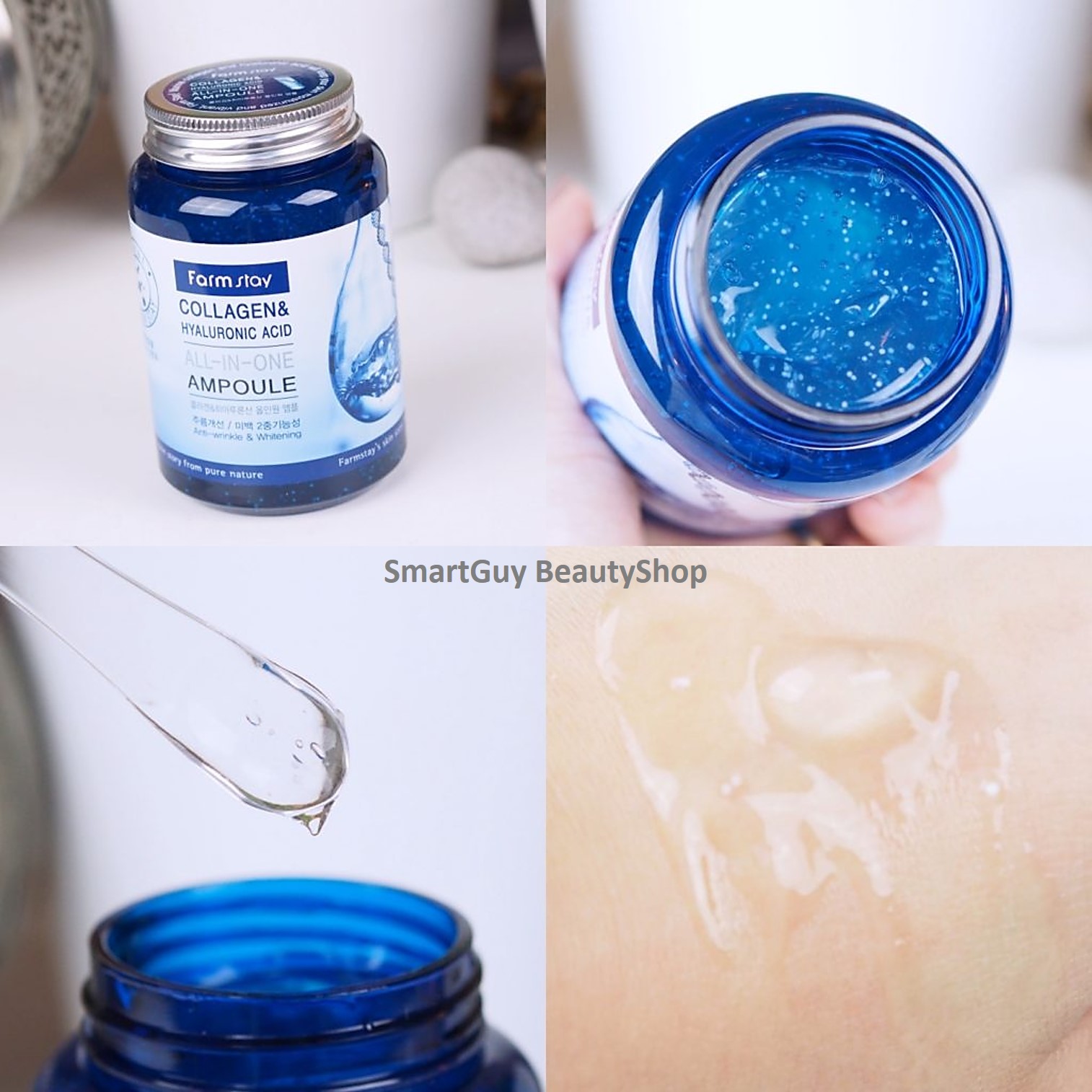 ครีมเจลคอลลาเจนเพิ่มความชุ่มชื่นลดริ้วรอยยกกระชับผิวหน้าสูตรเข้มข้นจากเกาหลีของแท้ Farm Stay Collagen & Hyaluronic Acid All In One Ampoule Anti Wrinkle & Whitening 250ml.
