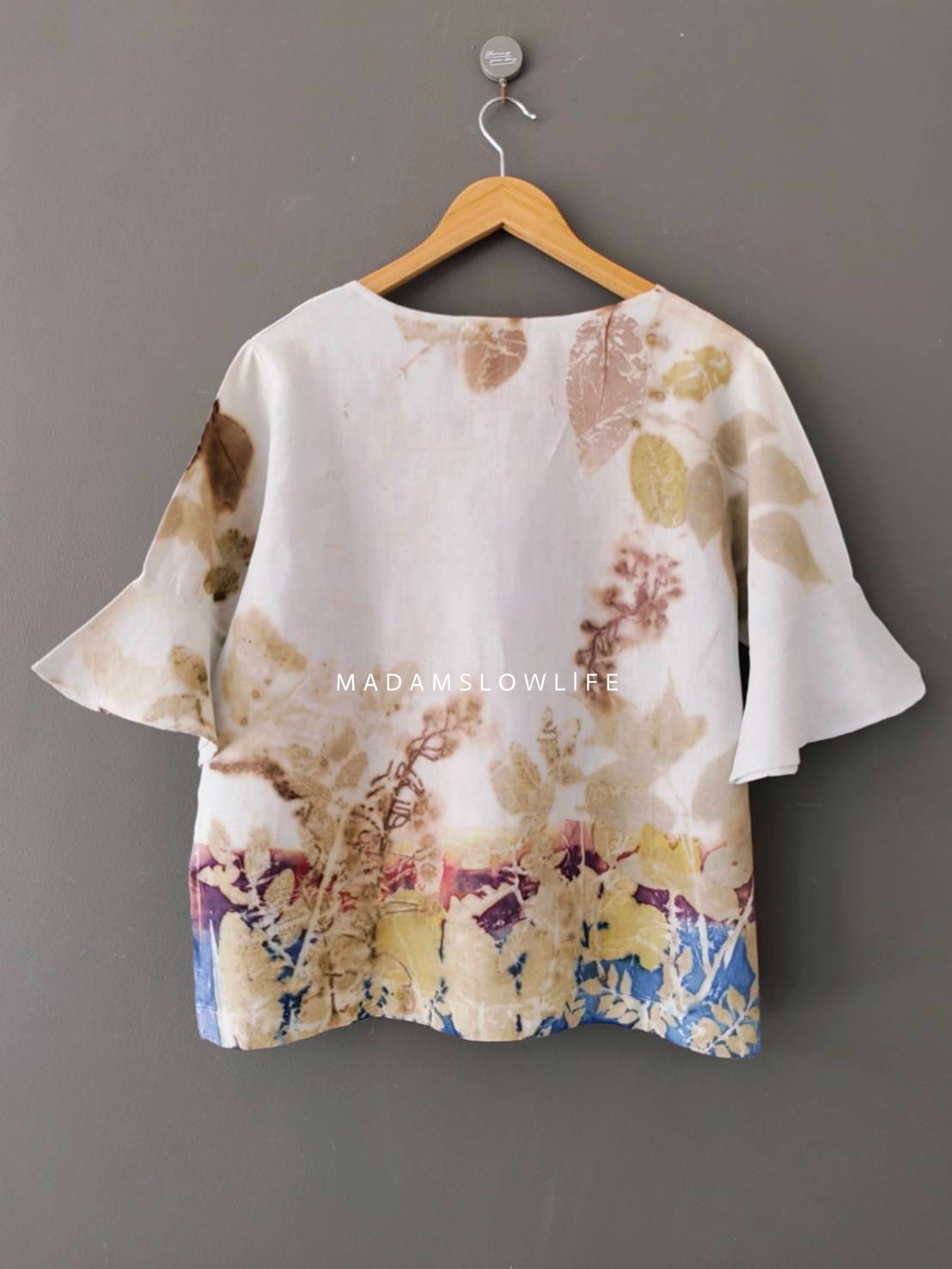 เสื้อผ้าลินินแท้ ลวดลายพิมพ์ลายแบบ eco-print อก 42 นิ้ว แขนยาว 12 นิ้ว ยาว 24 นิ้ว