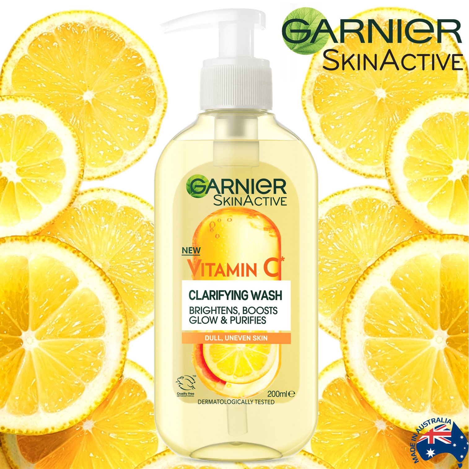 Garnier SkinActive Vitamin C Brightening Gel Cleanser 200ml ผลิตภัณฑ์ทำความสะอาดผิวหน้ากระจ่างใสแลดูอ่อนกว่าวัยสูตรพิเศษสินค้านำเข้าจากออสเตรเลียของแท้พร้อมส่ง