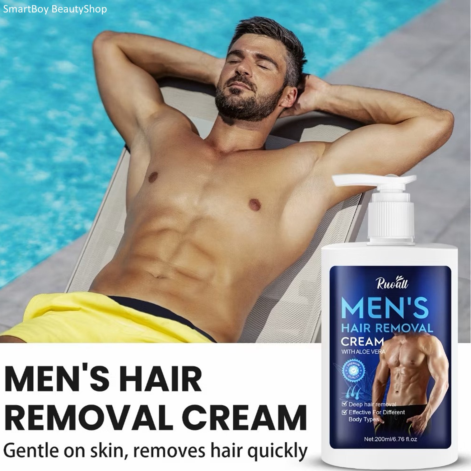 Ruoall Men’s Hair Removal Cream With Aloe Vera 200ml ผลิตภัณฑ์ครีมกำจัดขนสำหรับผิวกายและจุดซ่อนเร้นสูตรพิเศษสำหรับผู้ชาย