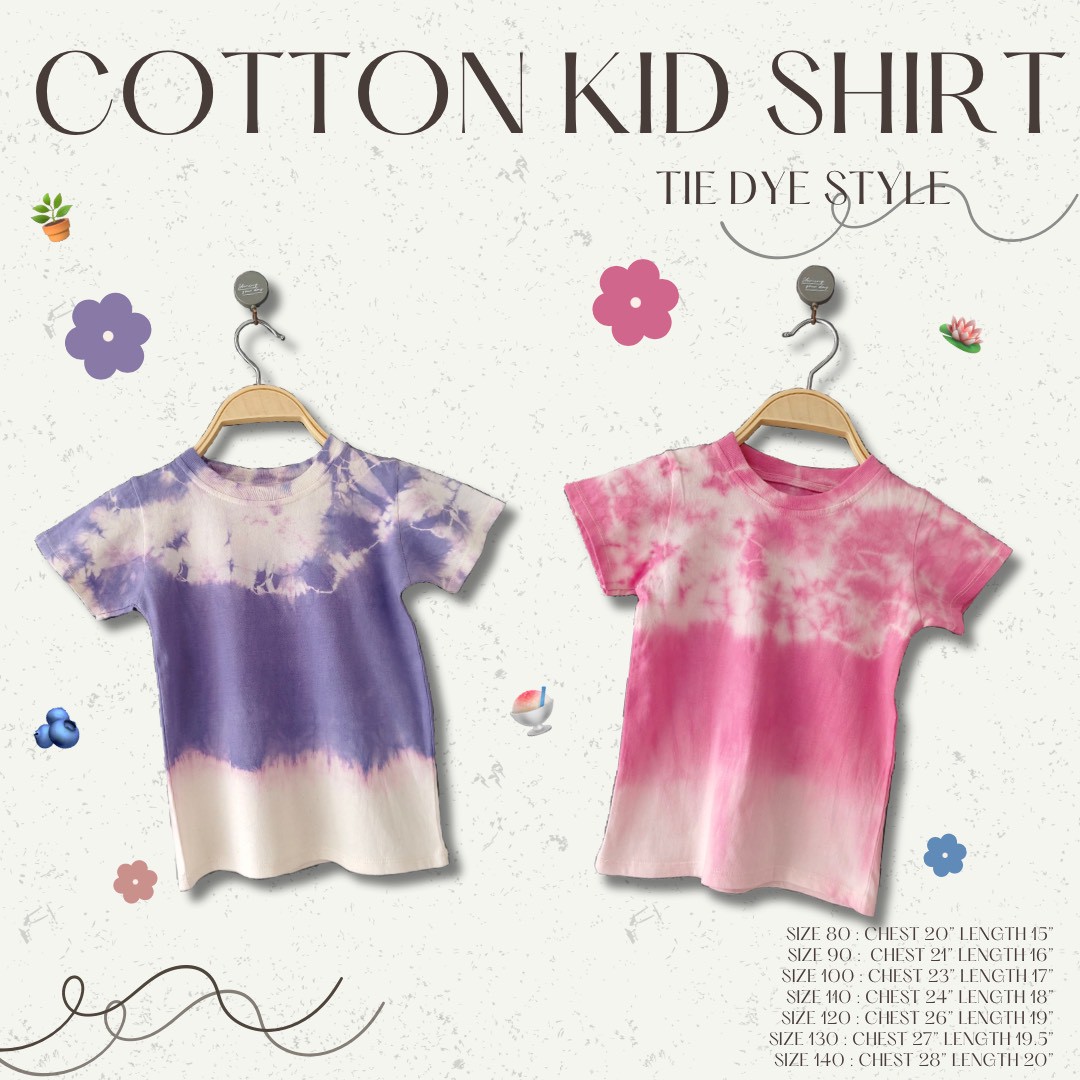 เสื้อยืดเด็กมัดย้อมสีชมพูนมและสีมันม่วง Size: 80 90 100 110 120 130 140