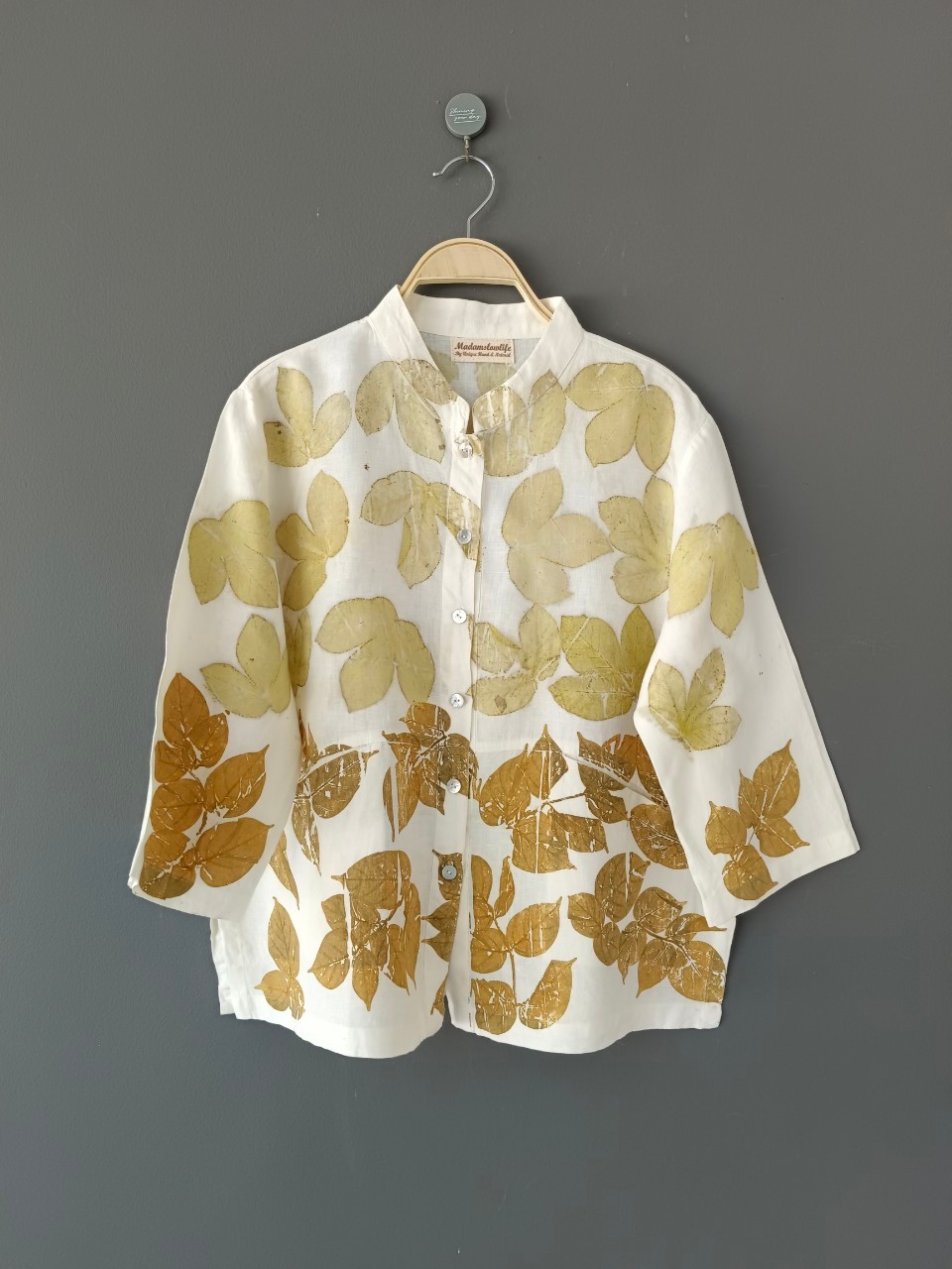 เสื้อคอจีน พิมพ์ใบไม้ธรรมชาติ ผ้าลินินแท้ Unique Eco Print Blouse