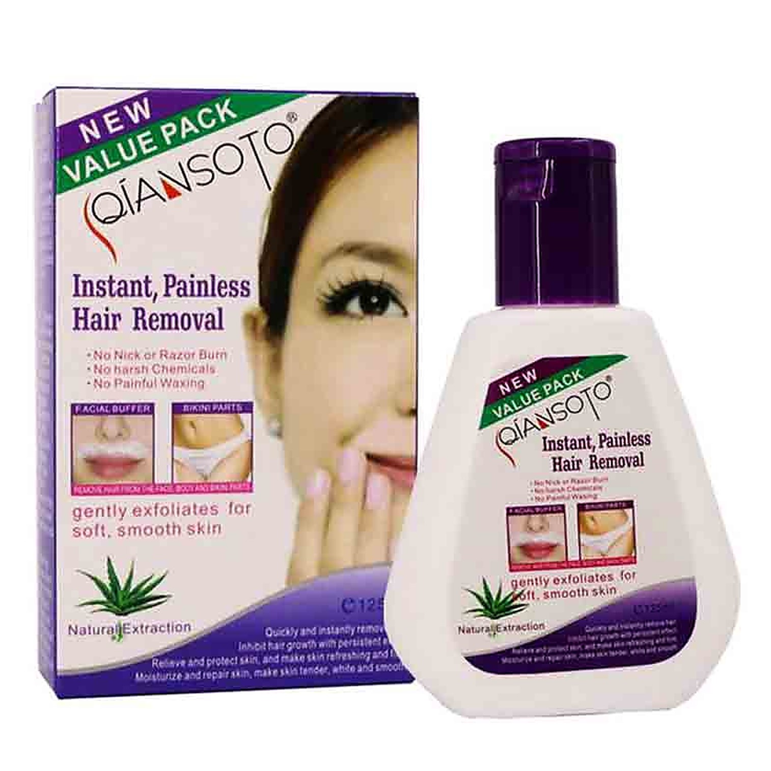 Qiansoto Instant Painless Hair Removal 125ml ผลิตภัณฑ์กำจัดขนสูตรอ่อนโยนสำหรับใบหน้าและบริเวณผิวที่บอบบาง