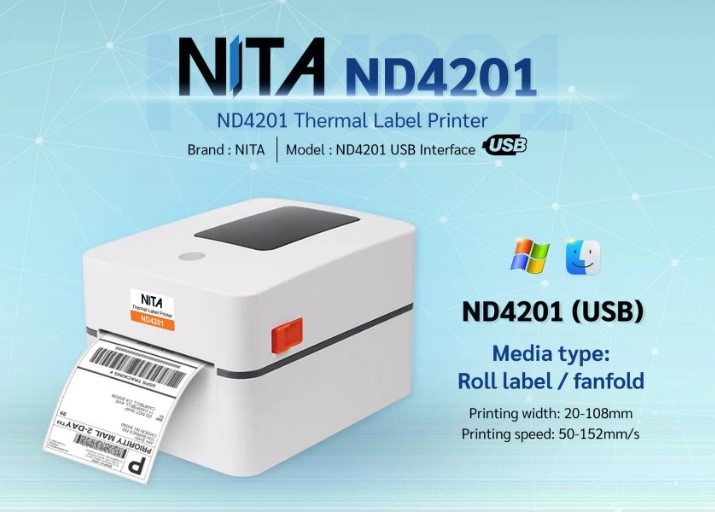 เครื่องพิมพ์ฉลาก NITA ND4201 เครื่องปริ้นสติกเกอร์ใบปะหน้า ระบบความร้อนไม่ต้องใช้หมึก การเชื่อมต่อ USB