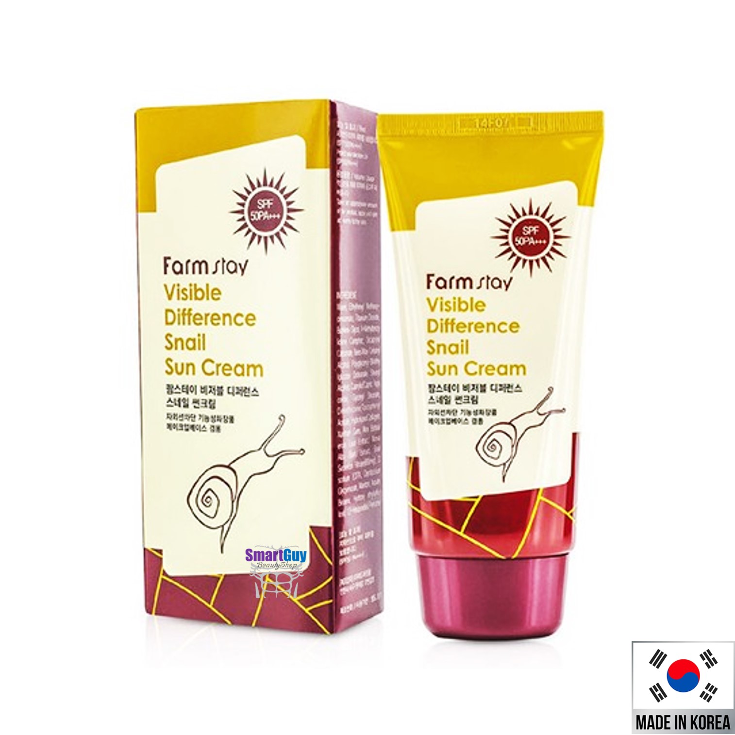 ครีมกันแดดเนื้อบางเบาผสมสารสกัดเมือกหอยทากของแท้จากเกาหลีครบสูตรบำรุงและปรับผิวหน้ากระจ่างใสในขั้นตอนเดียว FARMSTAY Visible Difference Snail Sun Cream SPF50 PA+++ 70g.