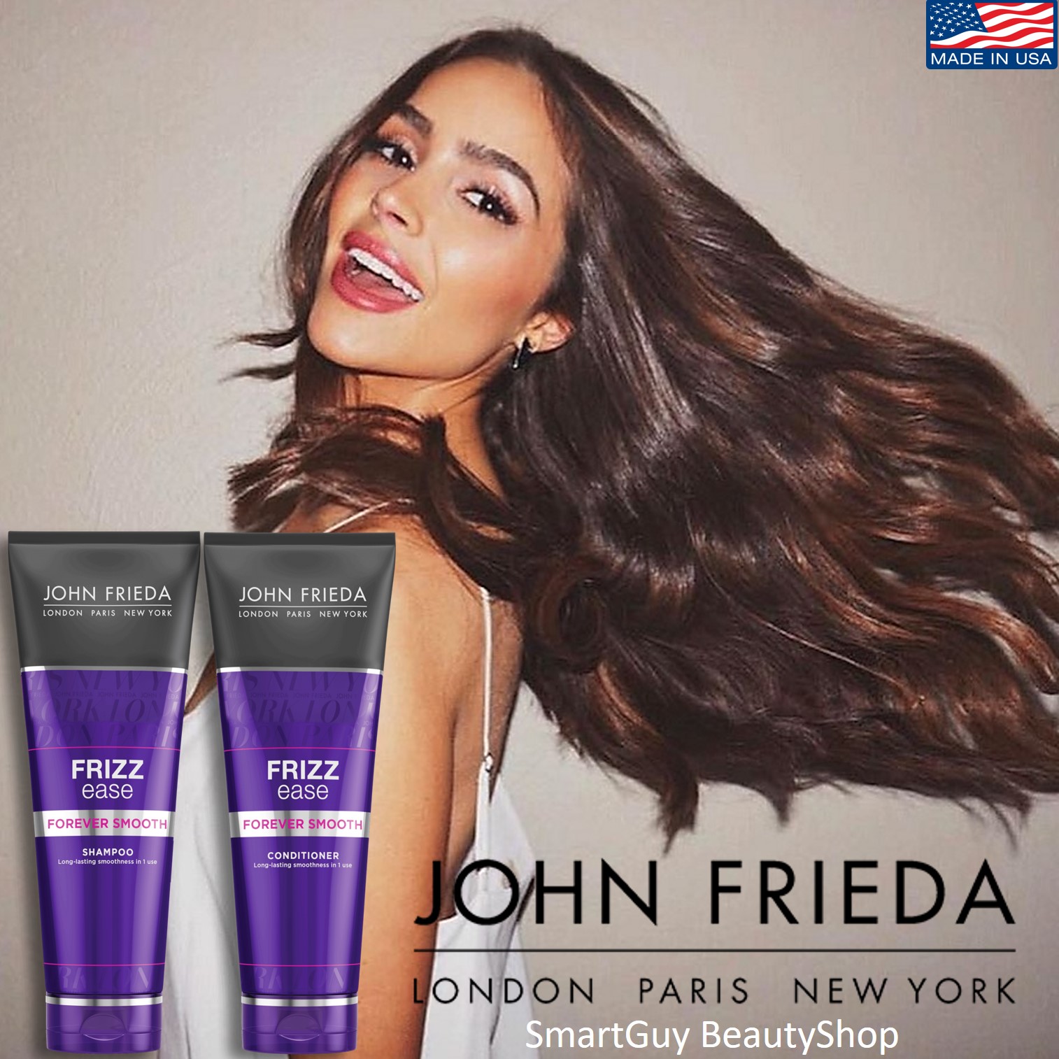 JOHN FRIEDA FRIZZ EASE Forever Smooth Shampoo+Conditioner 250ml x 2 ชุดคู่ผลิตภัณฑ์แชมพูและครีมนวดผมสูตรพรีเมี่ยมบำรุงฟื้นฟูเส้นผมนุ่มสลวยอย่างมีประสิทธิภาพสูง สินค้านำเข้าจากออสเตรเลีย