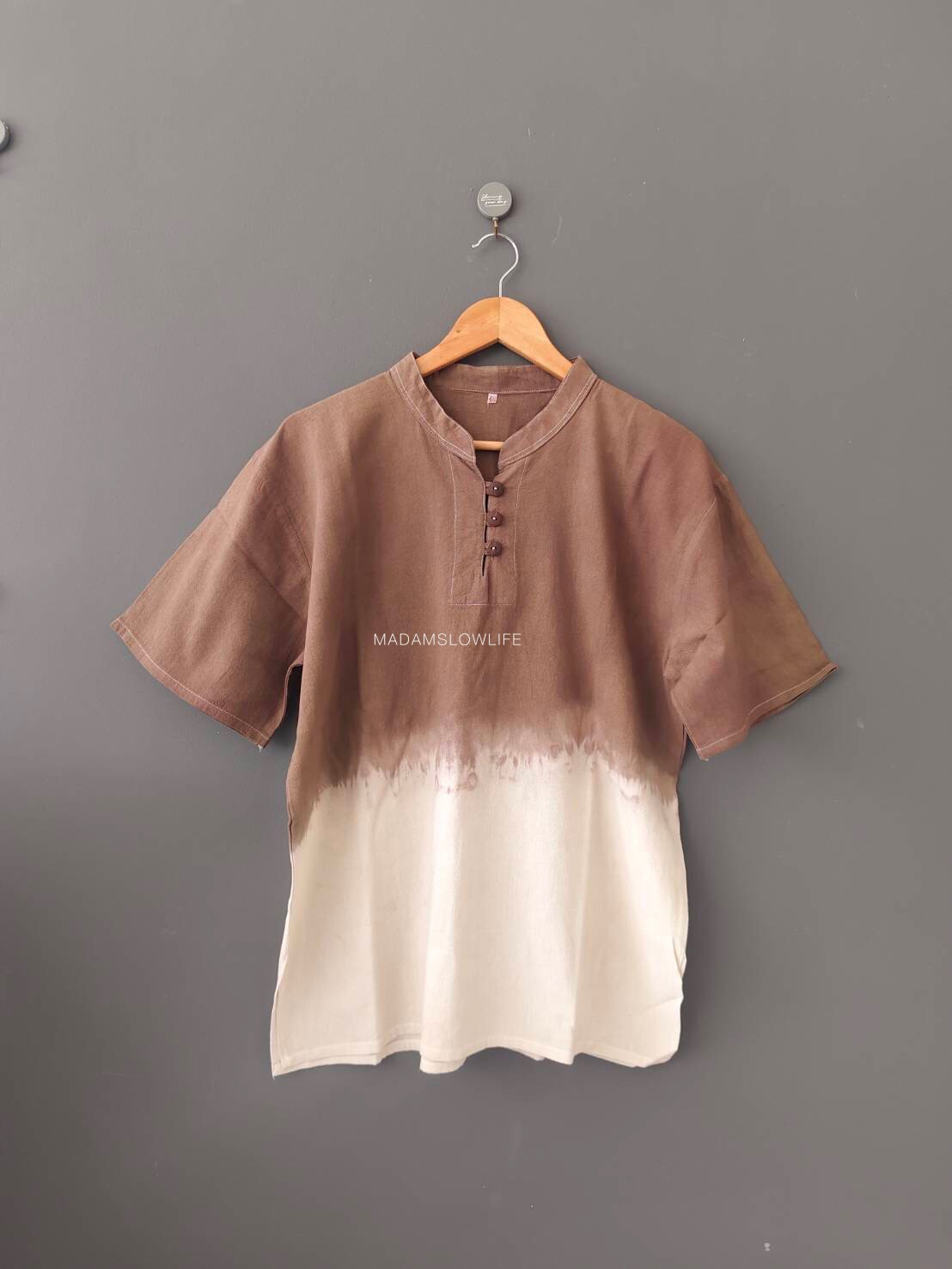 เสื้อคอจีนผู้ชายมัดย้อมสีน้ำตาลปลอดสารพิษ Size:42" 44" 46" 48" 50"