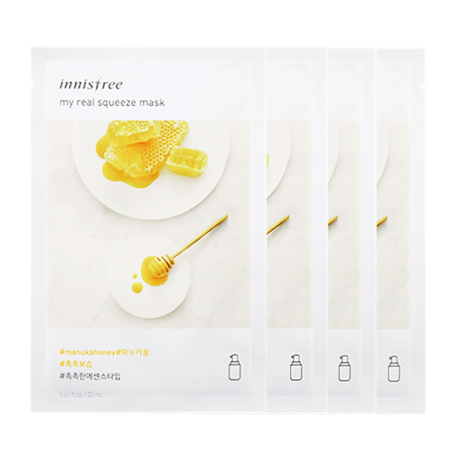 Innisfree My Real Squeeze Mask EX Manuka Honey X4 มาส์คบำรุงผิวหน้ากระจ่างใสจากเกาหลีสูตรน้ำผึ้งมานูก้าแพ็ค4แผ่น