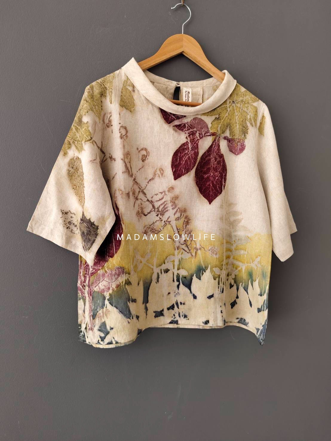 เสื้อผ้าลินินแท้ ลวดลายพิมพ์ลายแบบ eco-print อก 44 นิ้ว ยาว 23.5 นิ้ว