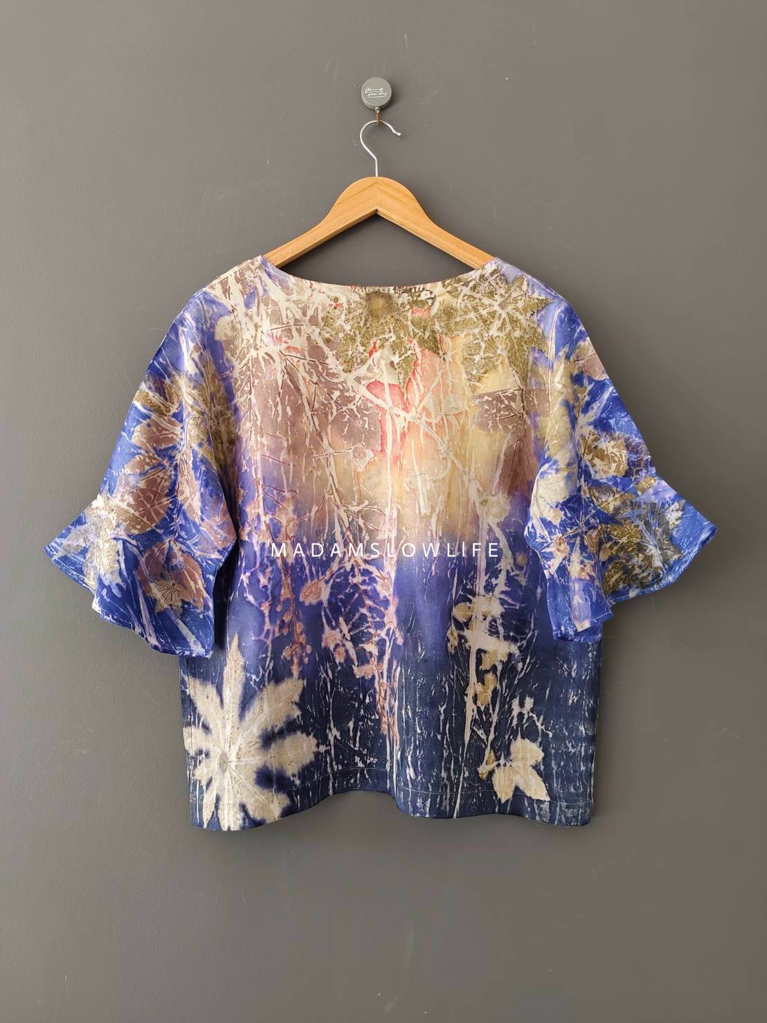 เสื้อผ้าลินินแท้ ลวดลายพิมพ์ลายแบบ eco-print อก 44 นิ้ว แขนยาว 14 ยาว 24 นิ้ว