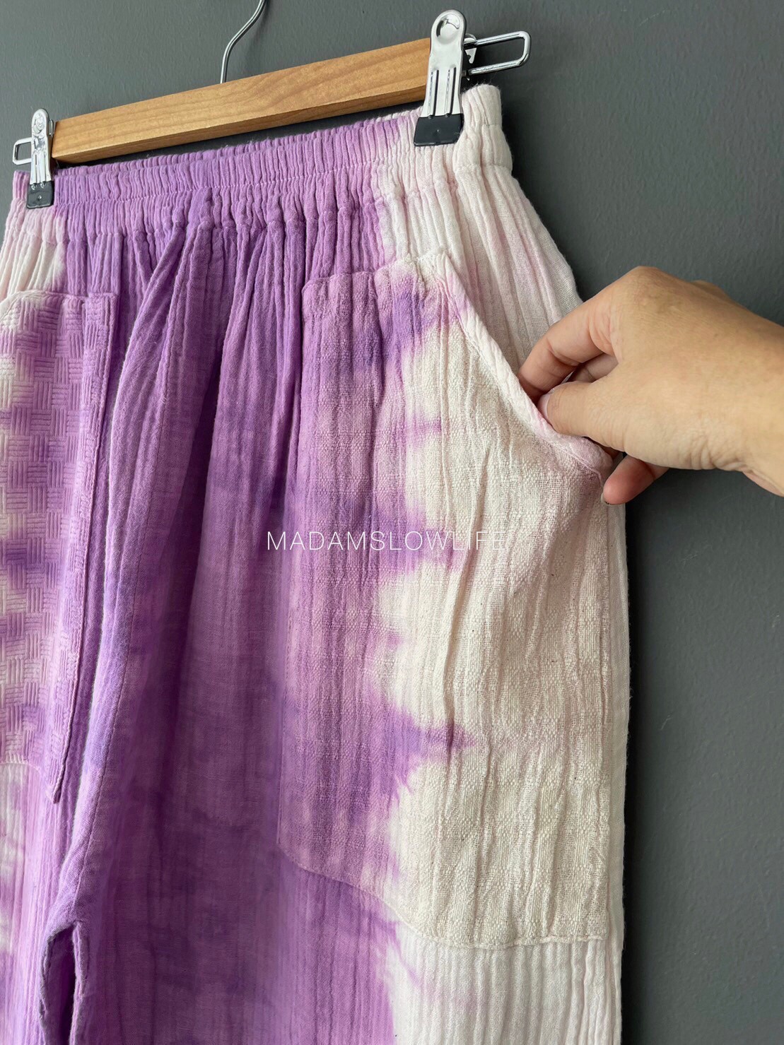 กางเกงผ้าคอตตอน100% พรีเมี่ยมมีเทคเจอร์ ย้อมสีม่วงปลอดสารพิษ Size M