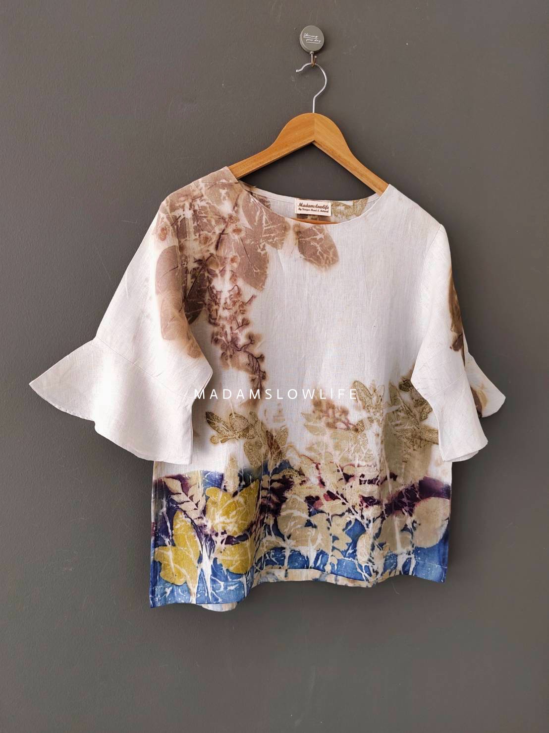 เสื้อผ้าลินินแท้ ลวดลายพิมพ์ลายแบบ eco-print อก 42 นิ้ว แขนยาว 12 นิ้ว ยาว 24 นิ้ว