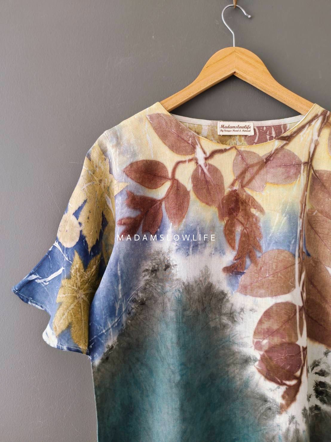 เสื้อผ้าลินินแท้ ลวดลายพิมพ์ลายแบบ eco-print อก 40 นิ้ว ยาว 22 นิ้ว