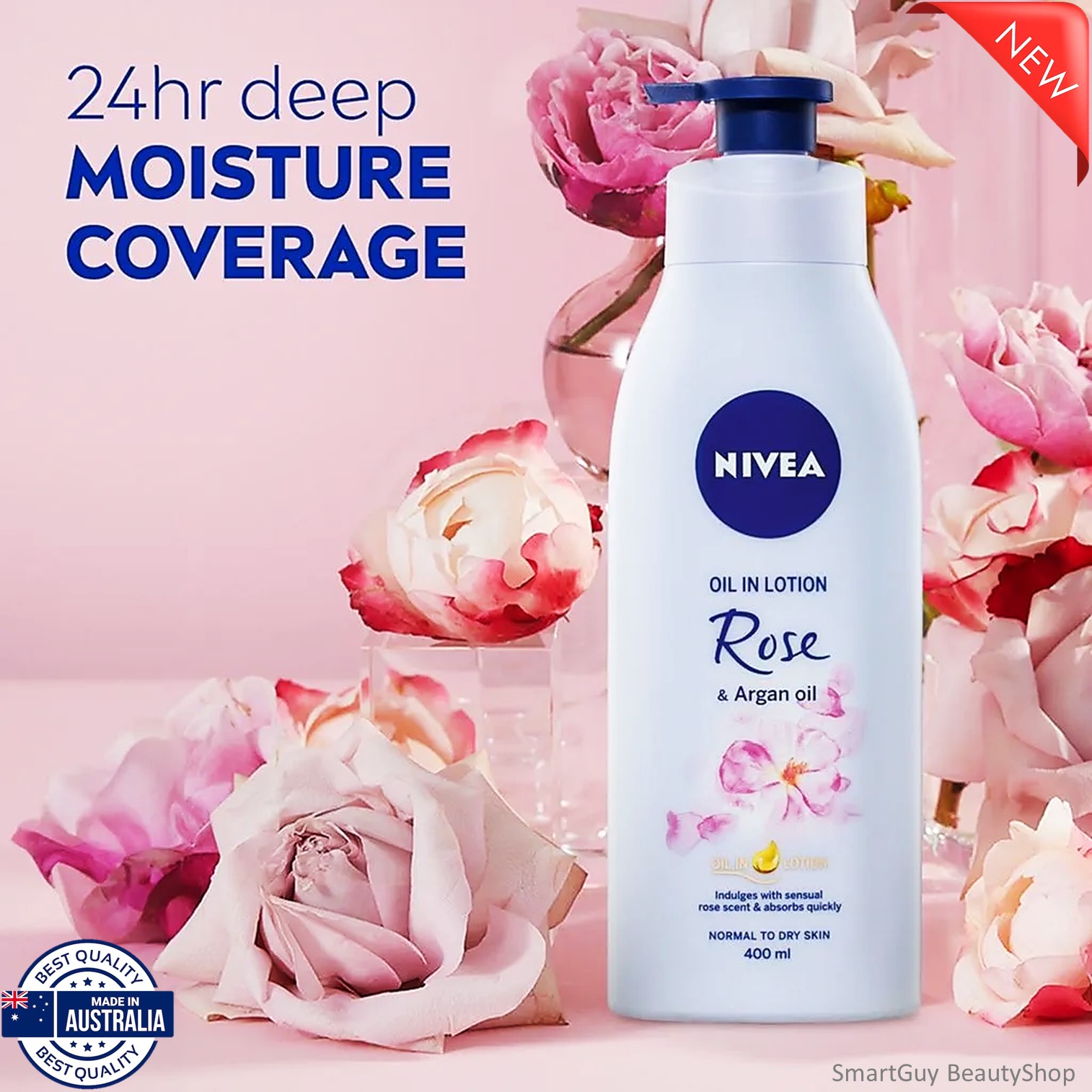NIVEA OIL IN LOTION ROSE & ARGAN OIL 400ML โลชั่นบำรุงผิวกายเพิ่มความชุ่มชื้นผิวแลดูอ่อนกว่าวัยสูตรพิเศษสินค้านำเข้าจากออสเตรเลียพร้อมส่ง