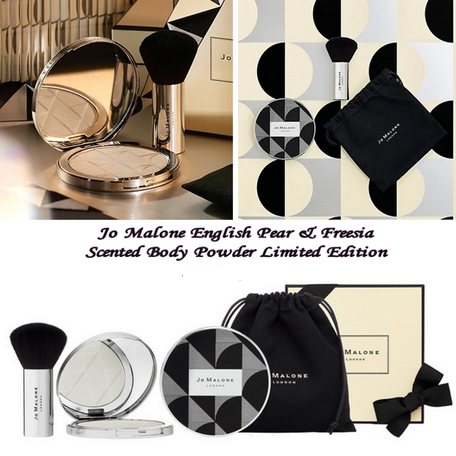 Jo Malone English Pear & Freesia Scented Body Powder Mirror+Kabuki Brush Set แป้งฝุ่นน้ำหอมเนื้อเนียนละเอียดบางเบาสำหรับผิวกายจากต่างประเทศ