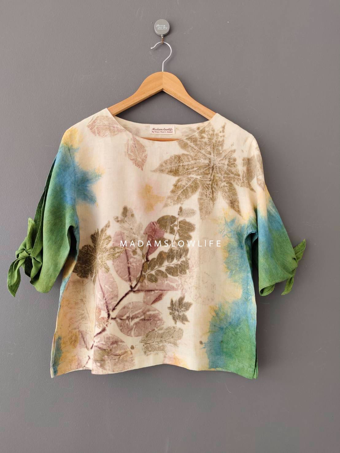 เสื้อผ้าลินินแท้ ลวดลายพิมพ์ลายแบบ eco-print อก 42 นิ้ว ยาว 22 นิ้ว