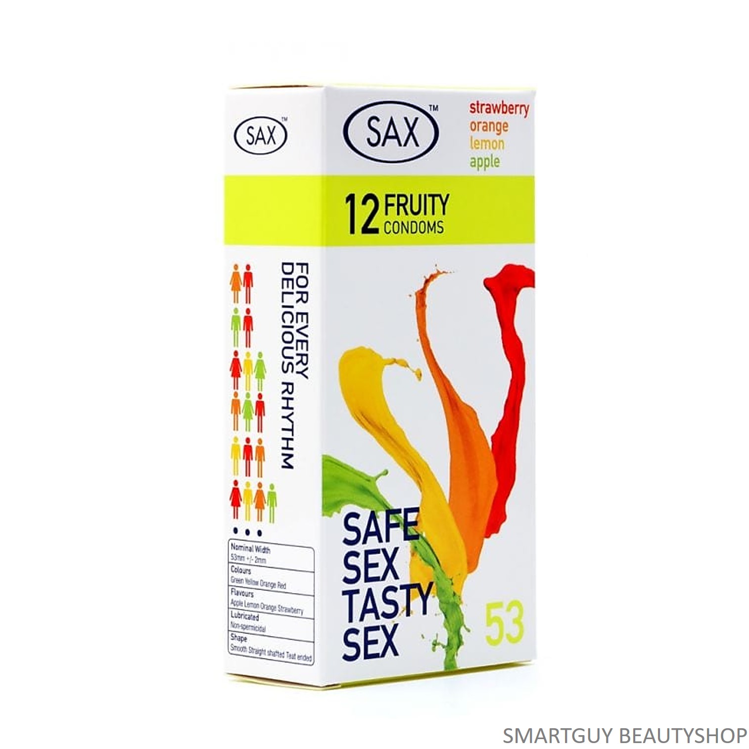 Sax Fruity Condoms Size 53mm (Box x 12 Condoms) ถุงยางอนามัยคละกลิ่นผลไม้ สินค้านำเข้าจากต่างประเทศ