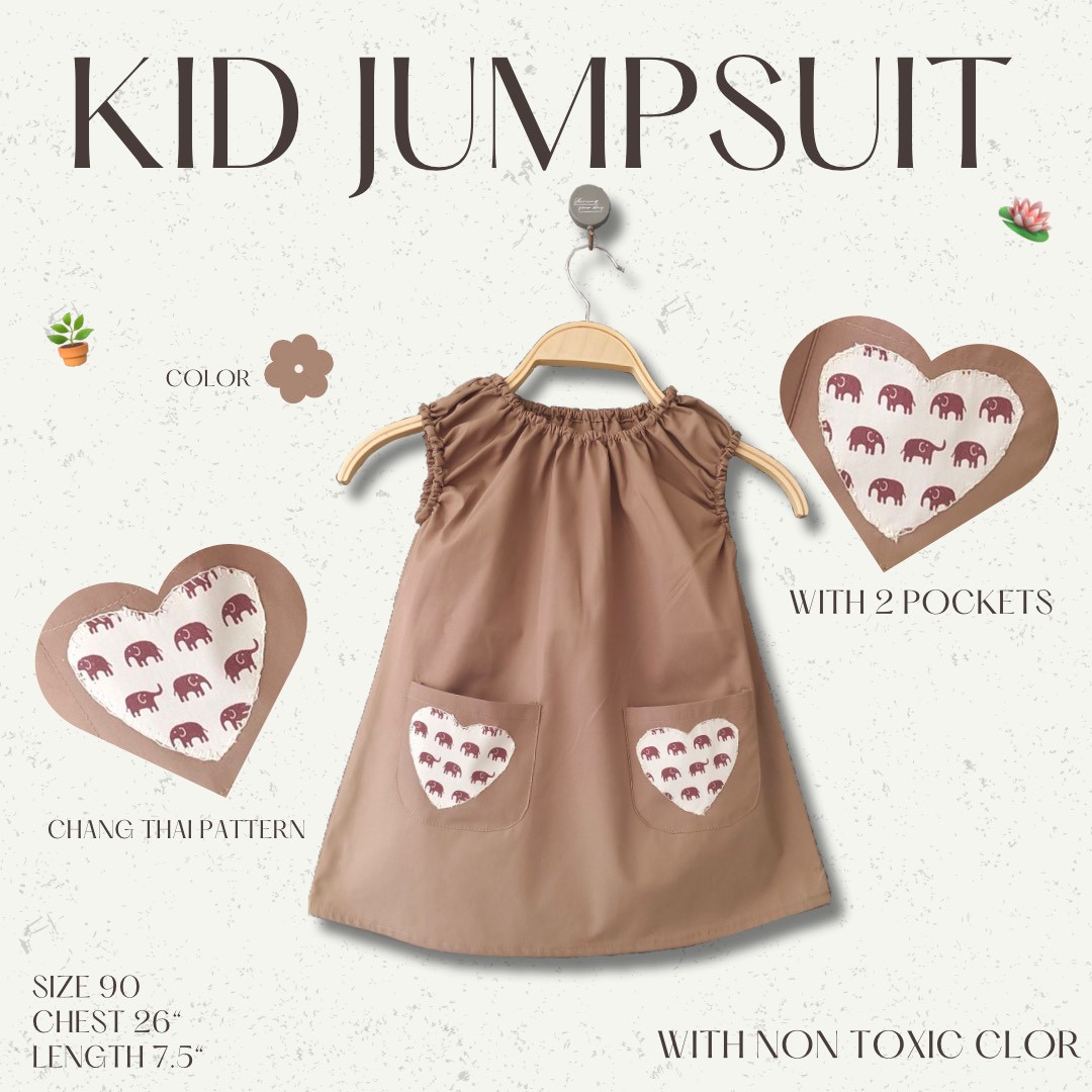เดรสจั๊มเด็กสีเบจ ตกแต่งกระเป๋าด้วยผ้าพิมพ์ช้าง Size:90(1-1.5 year)