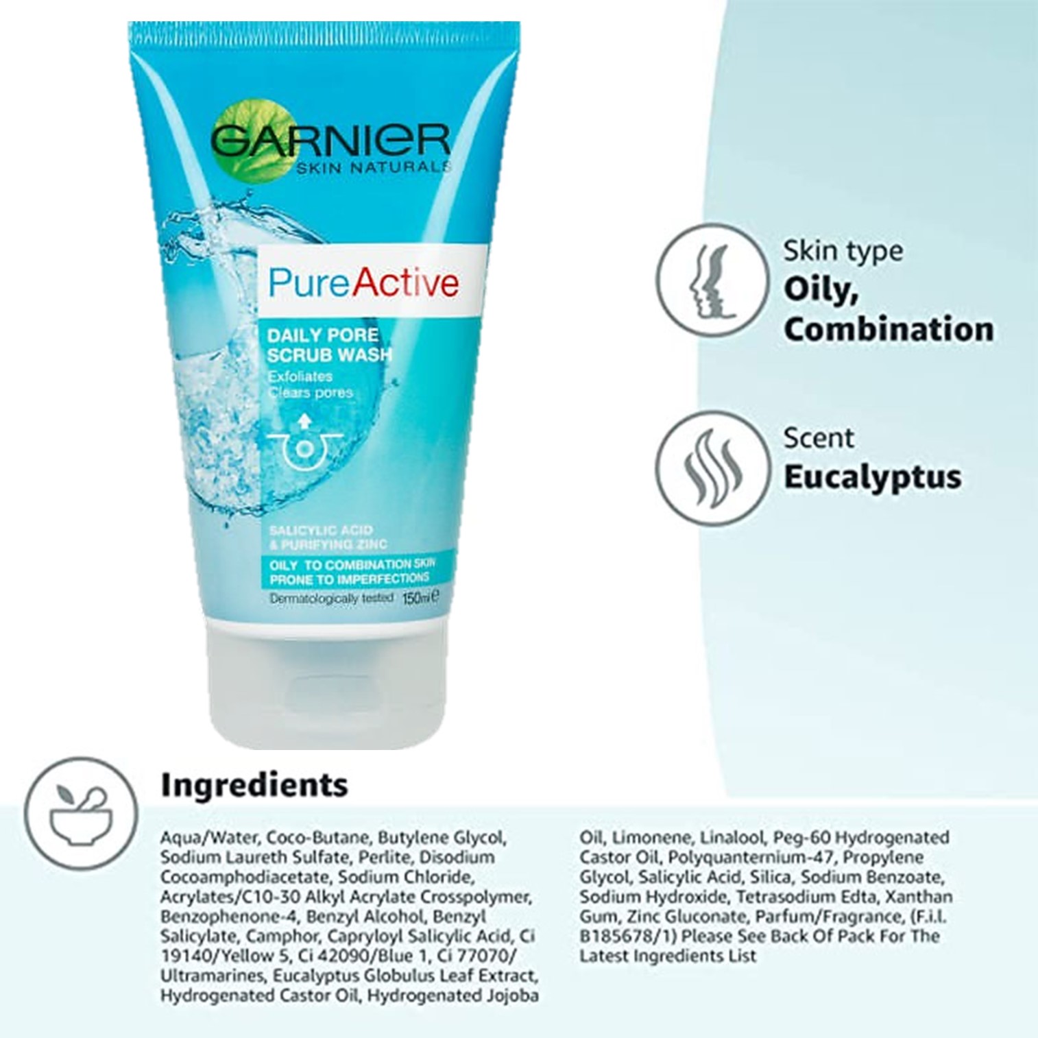 Garnier pure Active Daily pore scrub wash 150ml ผลิตภัณฑ์ทำความสะอาดผิวหน้ากระจ่างใสสูตรพิเศษสินค้านำเข้าจากออสเตรเลียของแท้พร้อมส่ง