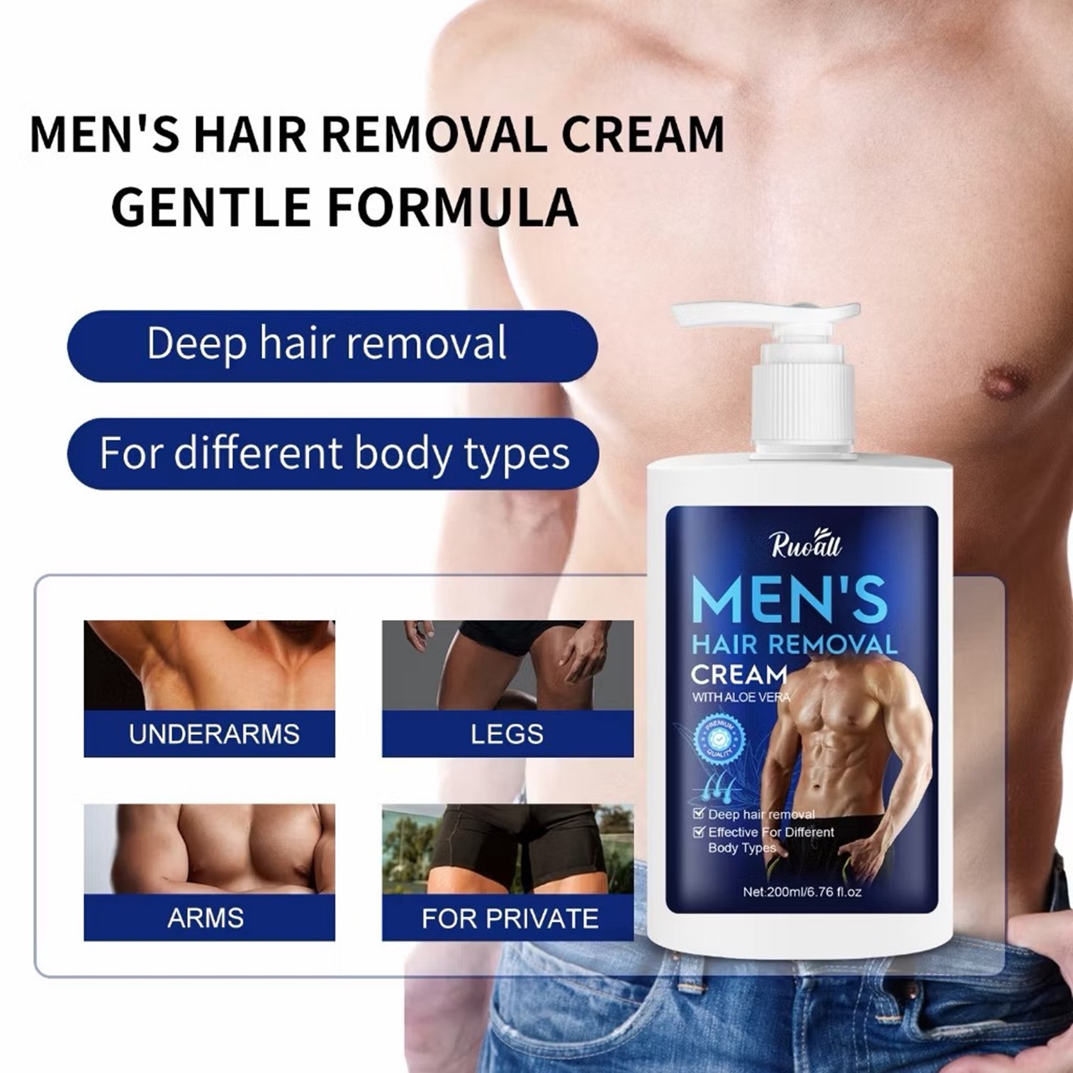 Ruoall Men’s Hair Removal Cream With Aloe Vera 200ml ผลิตภัณฑ์ครีมกำจัดขนสำหรับผิวกายและจุดซ่อนเร้นสูตรพิเศษสำหรับผู้ชาย