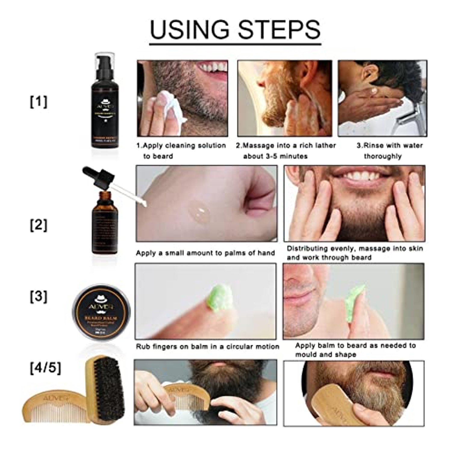ALIVER Beard Care Kit Grooming Set ชุดผลิตภัณฑ์บำรุงและตกแต่งหนวดเคราครบเซ็ตหล่อเข้มดูดี