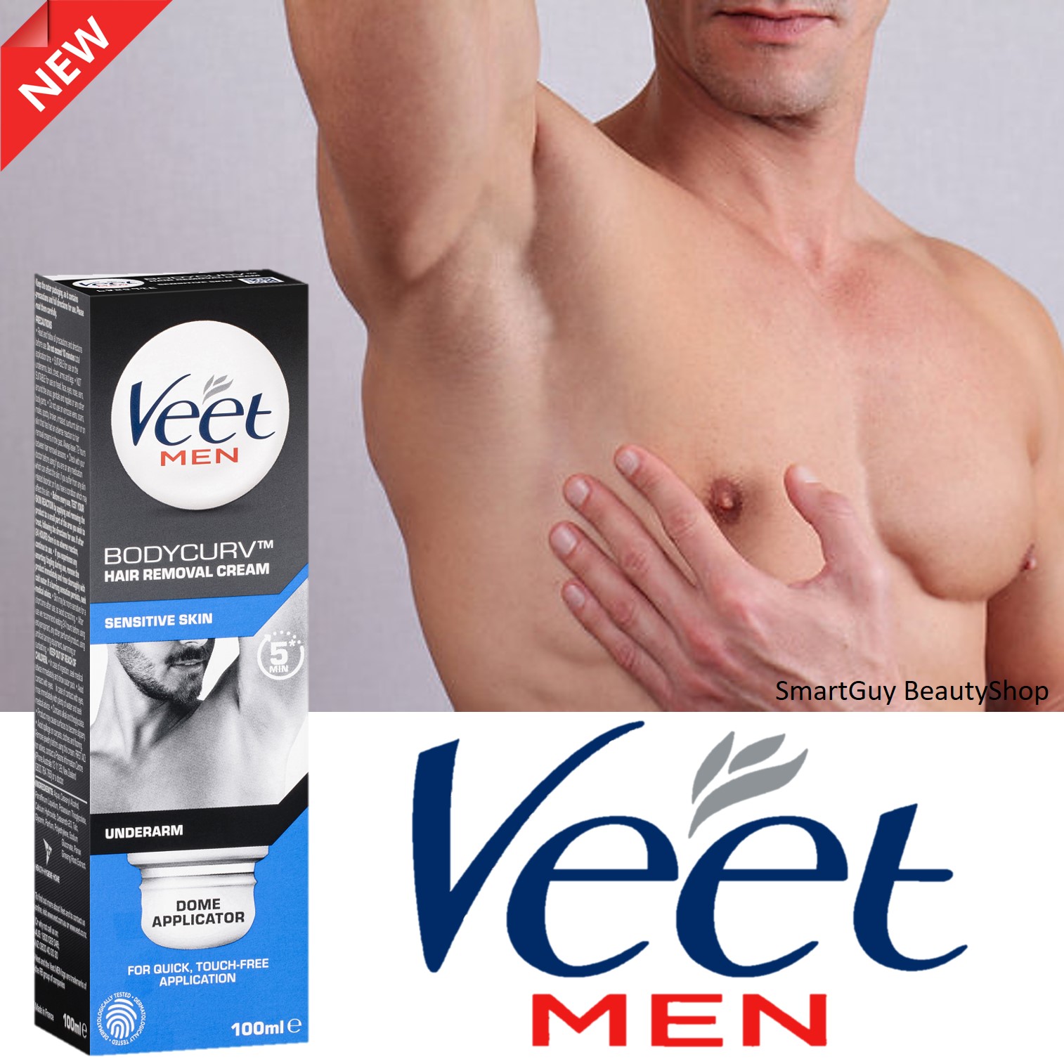 VEET Men Bodycurv Dome Applicator Underarm Hair Removal Cream 100 ml ครีมกำจัดขนบริเวณส่วนเว้าโค้งจุดซ่อนเร้นของร่างกายสูตรอ่อนโยนสำหรับผู้ชาย
