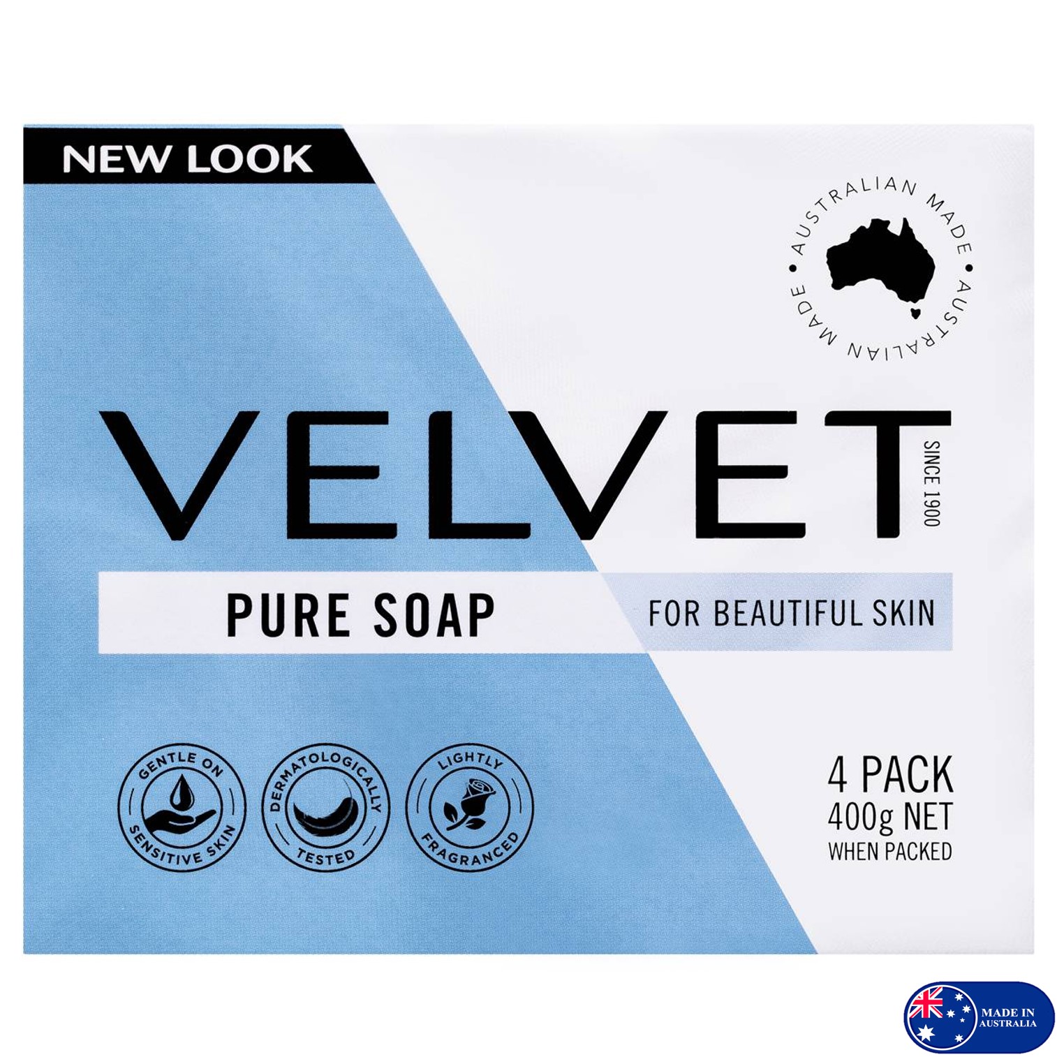 Velvet Pure Soap For Beautiful Skin 4X100g สบู่ทำความสะอาดผิวกายสูตรพิเศษเพื่อผิวเนียนนุ่มสุขภาพดีสินค้านำเข้าจากออสเตรเลียพร้อมส่ง