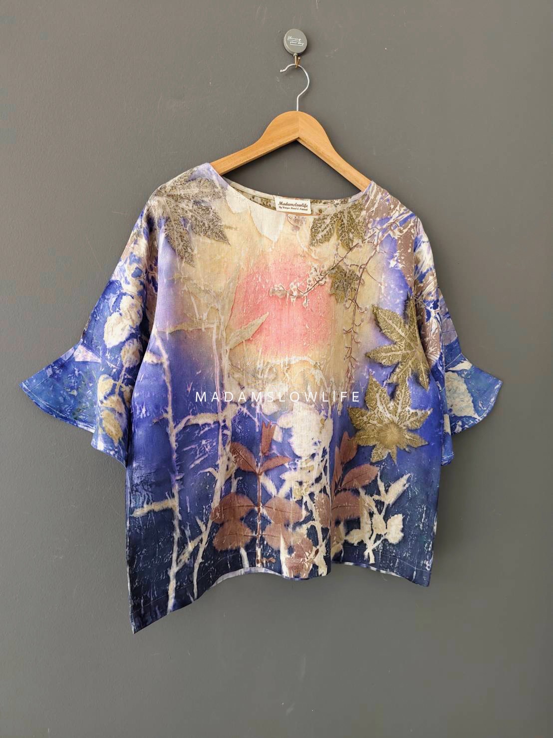 เสื้อผ้าลินินแท้ ลวดลายพิมพ์ลายแบบ eco-print อก 44 นิ้ว แขนยาว 14 ยาว 24 นิ้ว