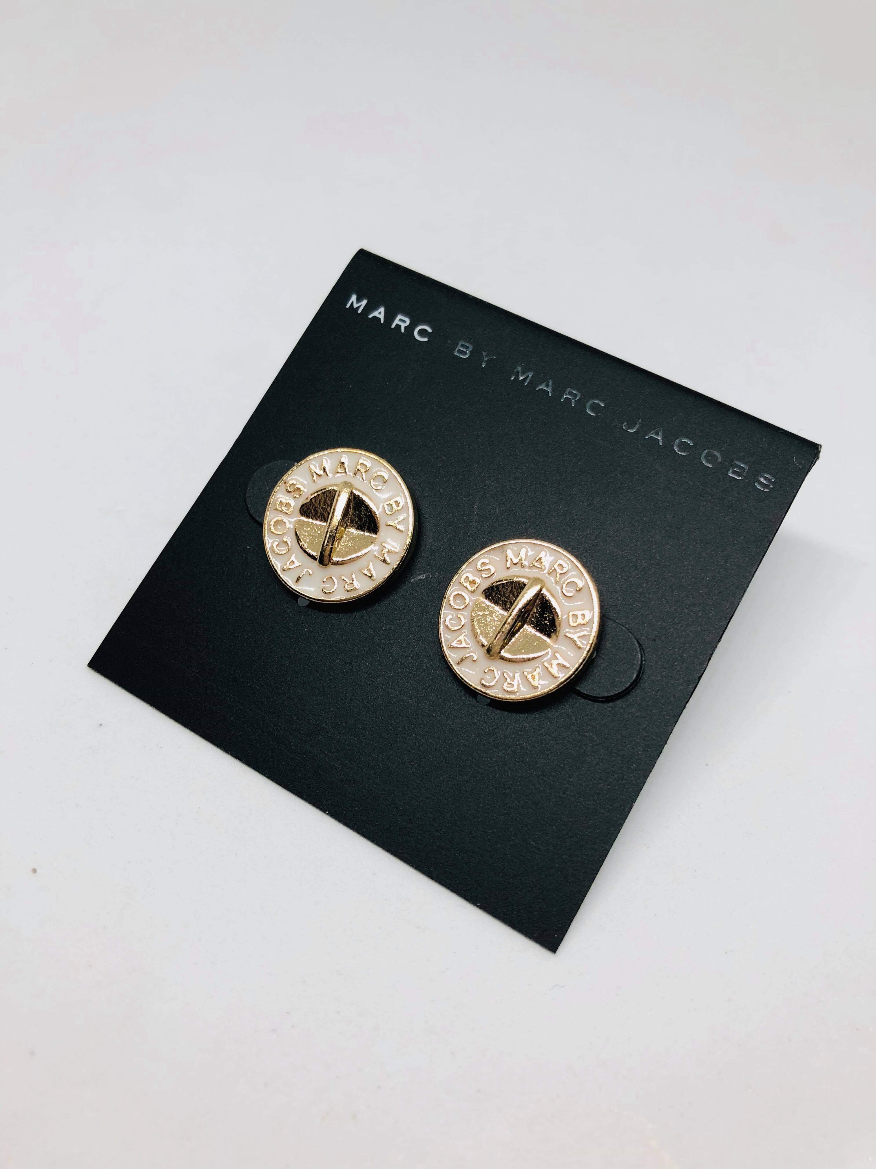 Marc Jacobs Gold&Milky White Logo Button Disc Stud Earrings