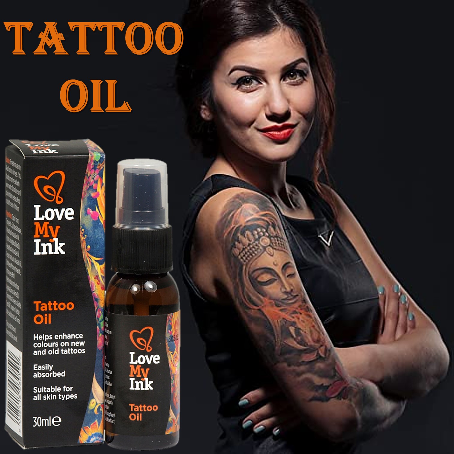 Love My Ink Tattoo Oil 30ml ผลิตภัณฑ์บำรุงผิวบริเวณรอยสักเพื่อสีสันและลายเส้นที่คมชัดสินค้านำเข้าจากต่างประเทศ