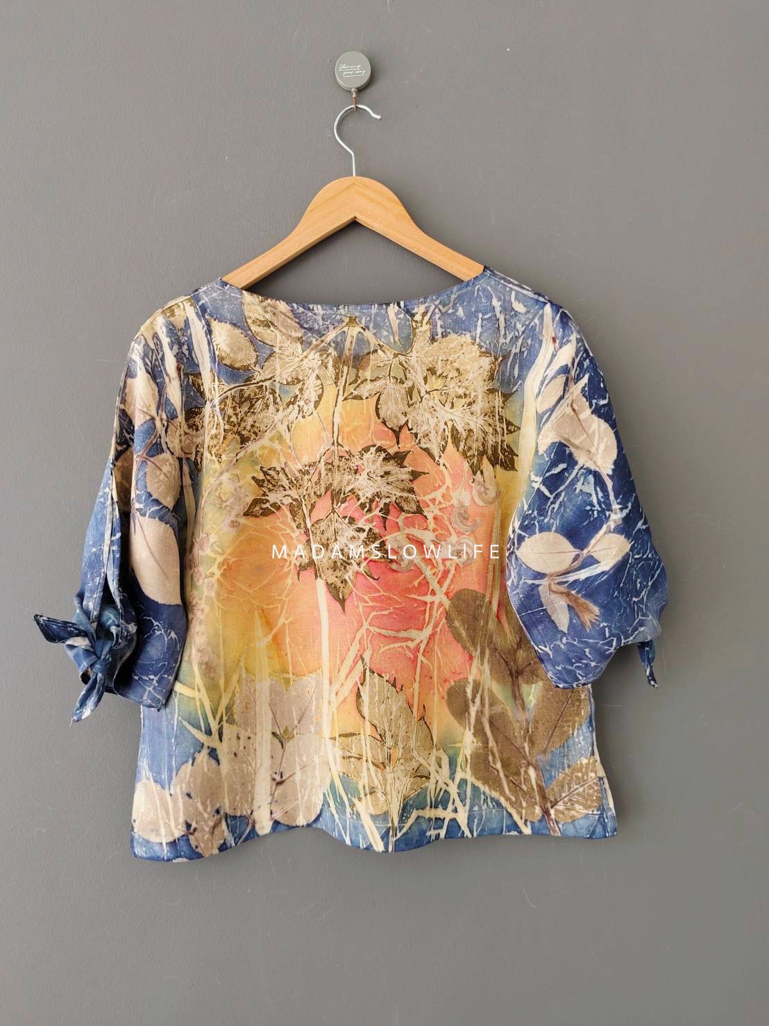 เสื้อผ้าลินินแท้ ลวดลายพิมพ์ลายแบบ eco-print อก 40 นิ้ว ยาว 22 นิ้ว