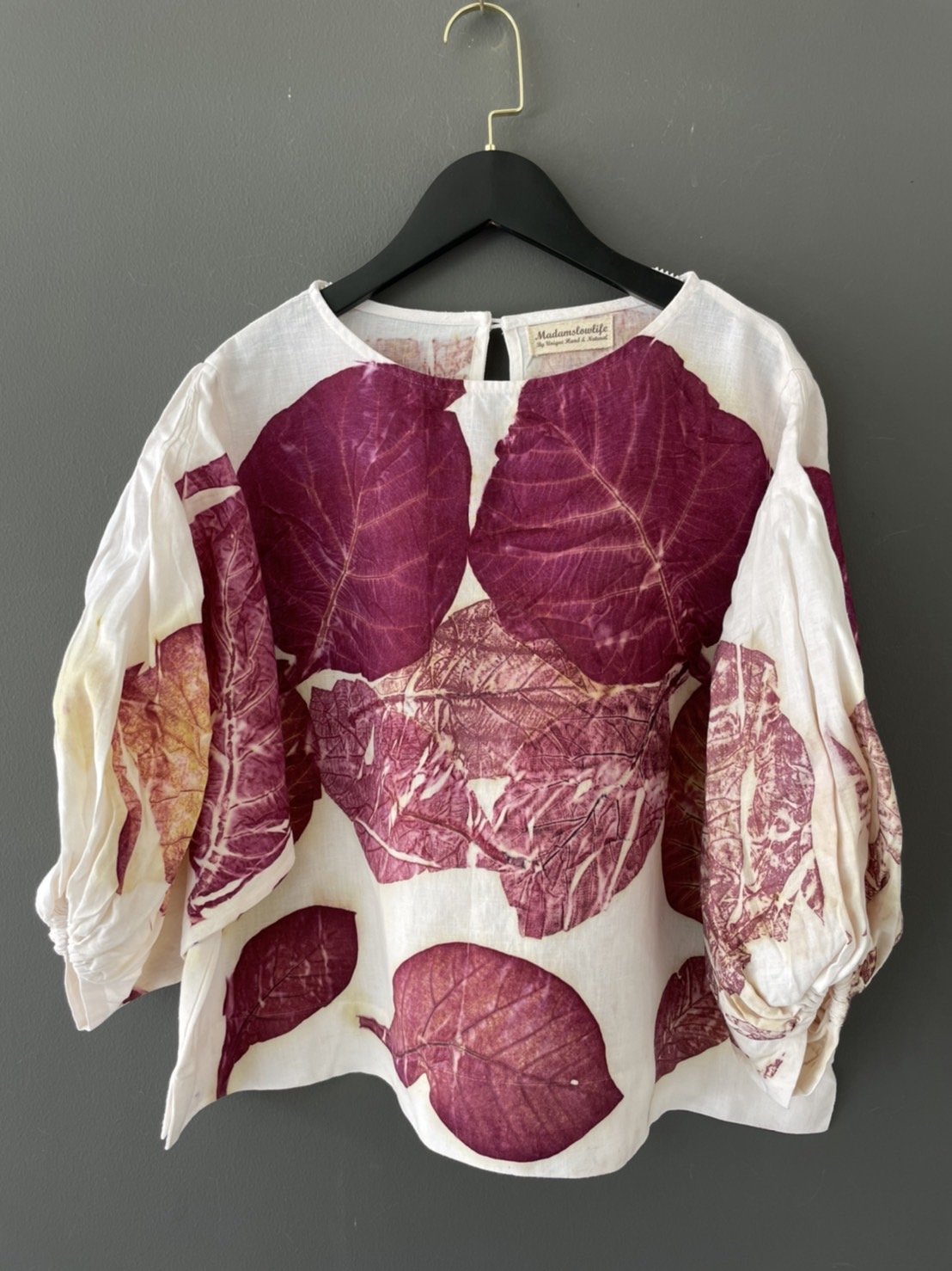 เสื้อคอกลม พิมพ์ใบไม้ธรรมชาติ ผ้าลินินแท้ Unique Eco Print Blouse