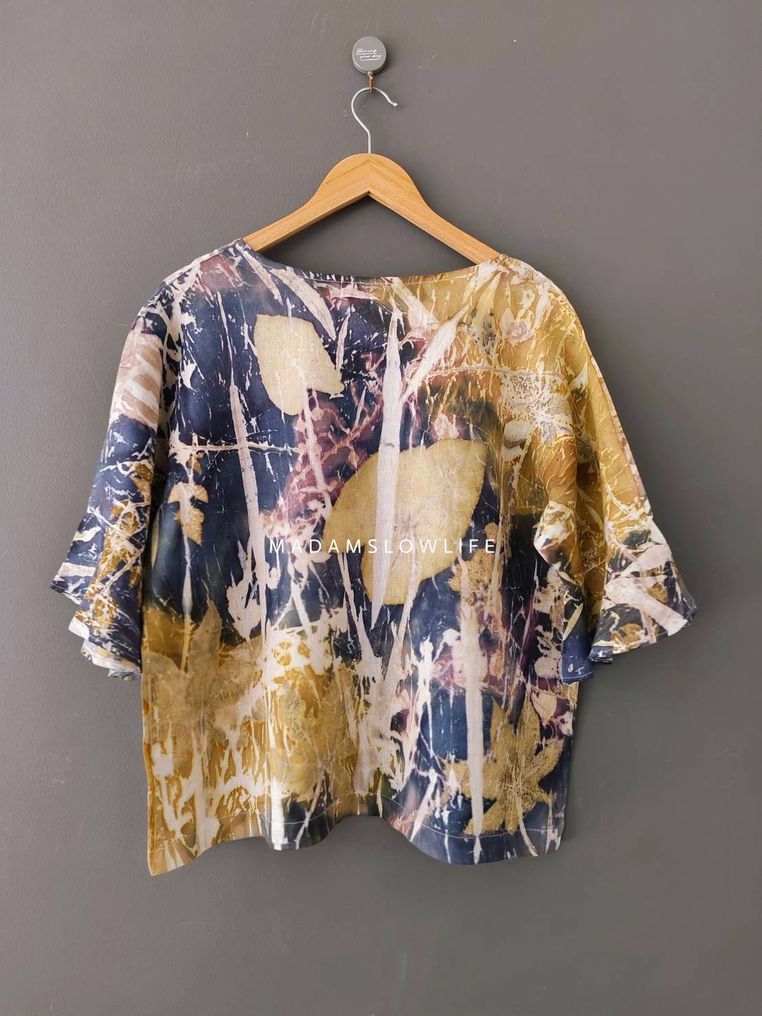 เสื้อผ้าลินินแท้ ลวดลายพิมพ์ลายแบบ eco-print อก 42 นิ้ว แขนยาว 12 นิ้ว ยาว 24 นิ้ว