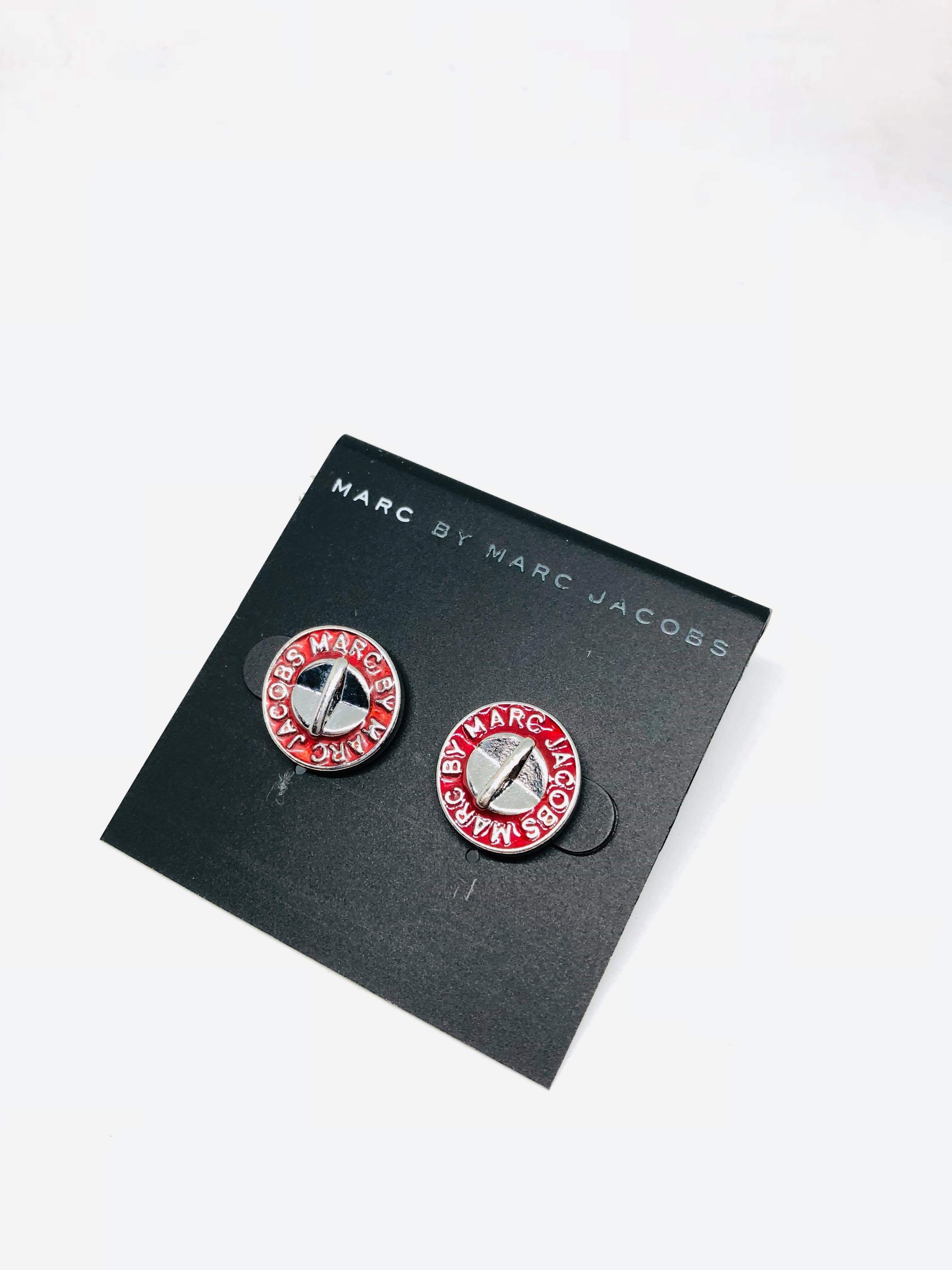 Marc Jacobs Silver&Deep Red Logo Button Disc Stud Earrings