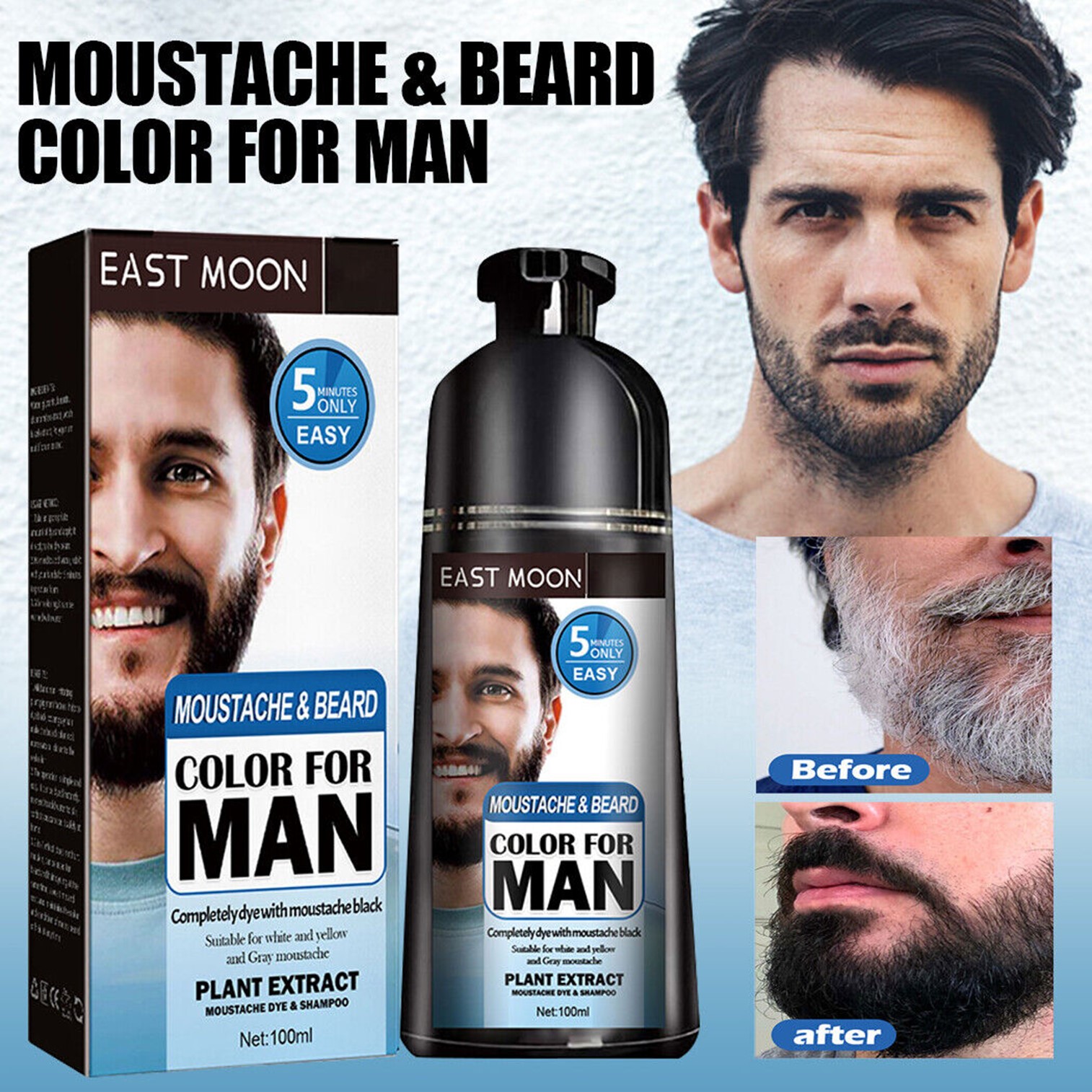 EAST MOON Moustache & Beard Color Shampoo For Man (Black) ผลิตภัณฑ์แชมพูเปลี่ยนสีหนวดเคราภายใน5นาทีสูตรอ่อนโยน