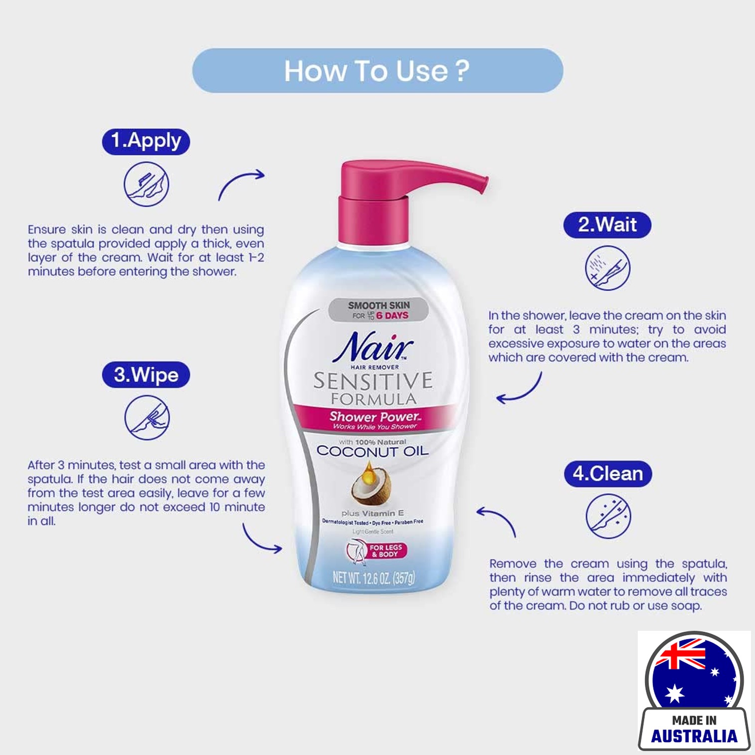 Nair Shower Power Sensitive Hair Remover for Legs&Body with 100%Natural Coconut Oil plus VitaminE 312g ผลิตภัณฑ์กำจัดขนตามร่างกายสูตรอ่อนโยนพิเศษสำหรับผิวแพ้ง่าย