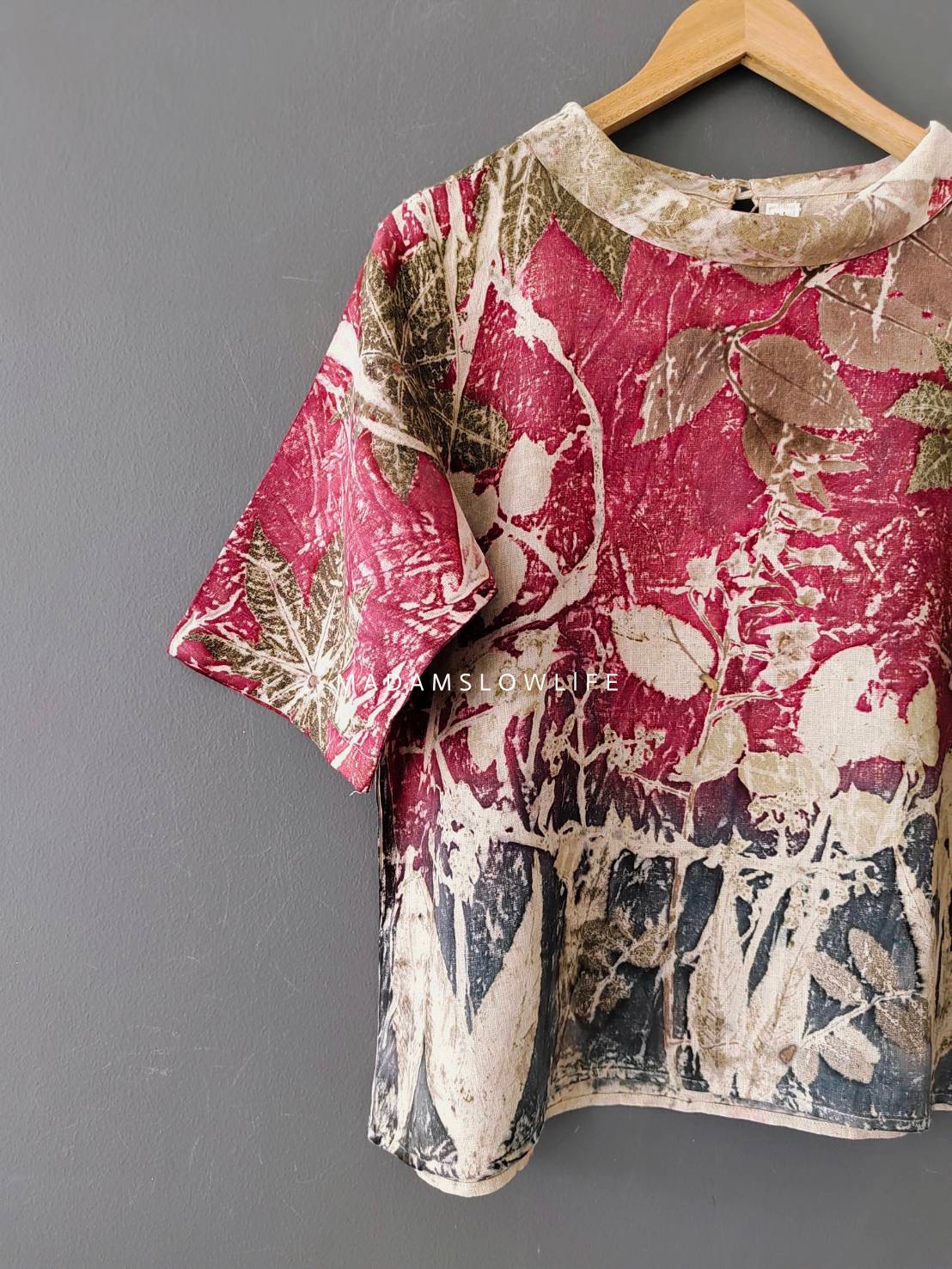 เสื้อผ้าลินินแท้ ลวดลายพิมพ์ลายแบบ eco-print อก 40 นิ้ว ยาว 22 นิ้ว