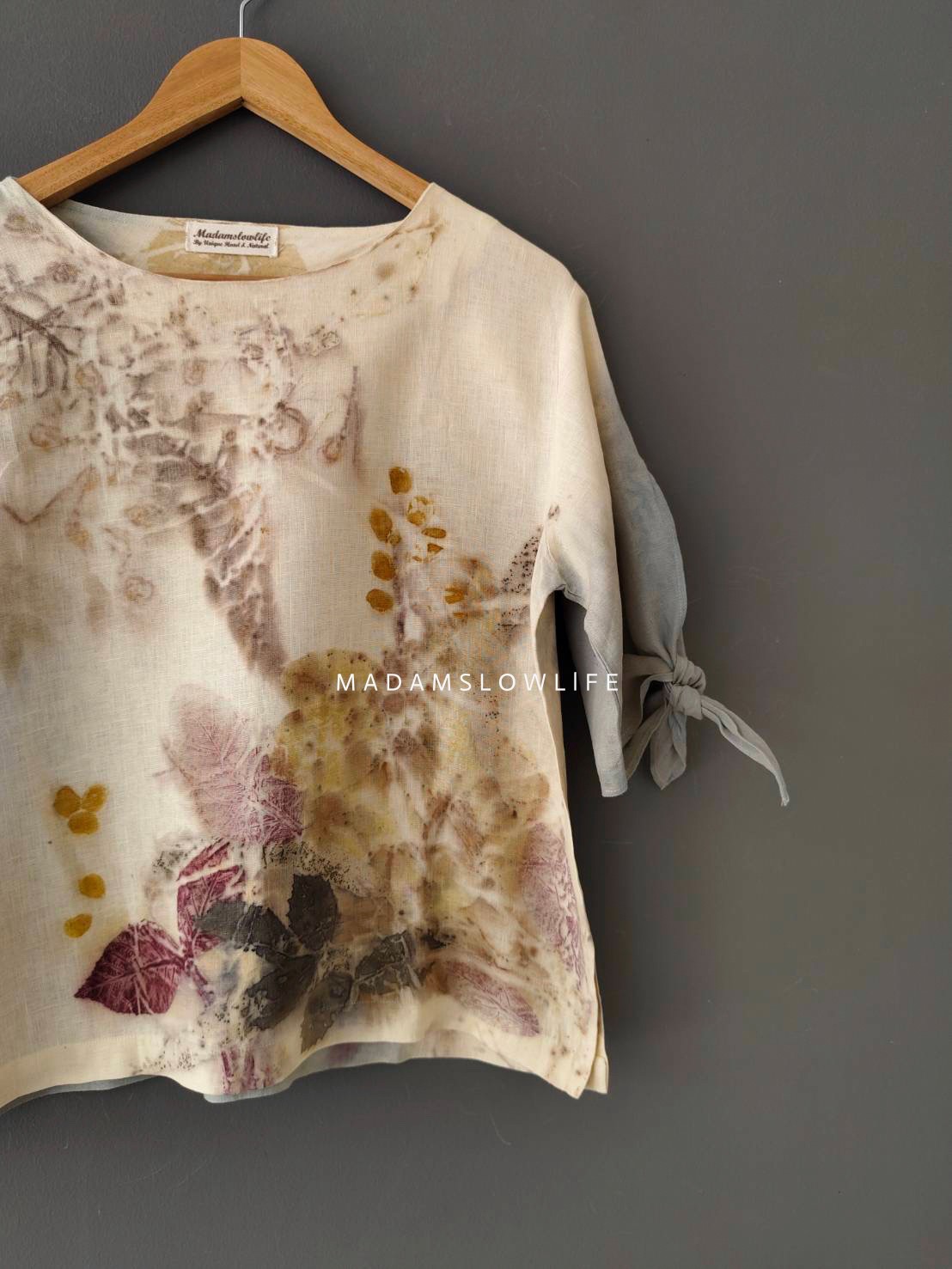 เสื้อผ้าลินินแท้ ลวดลายพิมพ์ลายแบบ eco-print อก 42 นิ้ว ยาว 22 นิ้ว