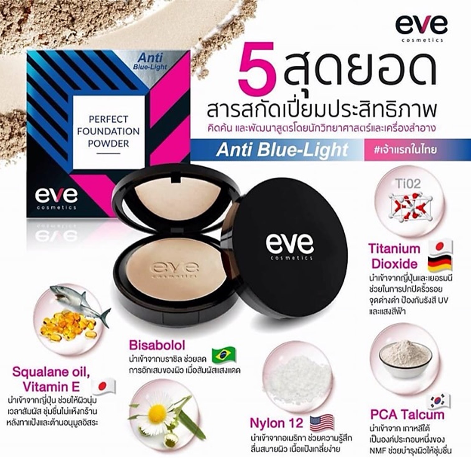 EVE Perfect Foundation Powder 02ผิวขาวเหลือง แป้งพัฟเบลอรูขุมขนเนื้อละเอียดบางเบาพิเศษปรับผิวหน้าเรียบเนียนใสพร้อมการบำรุงและปกป้องผิวหน้า