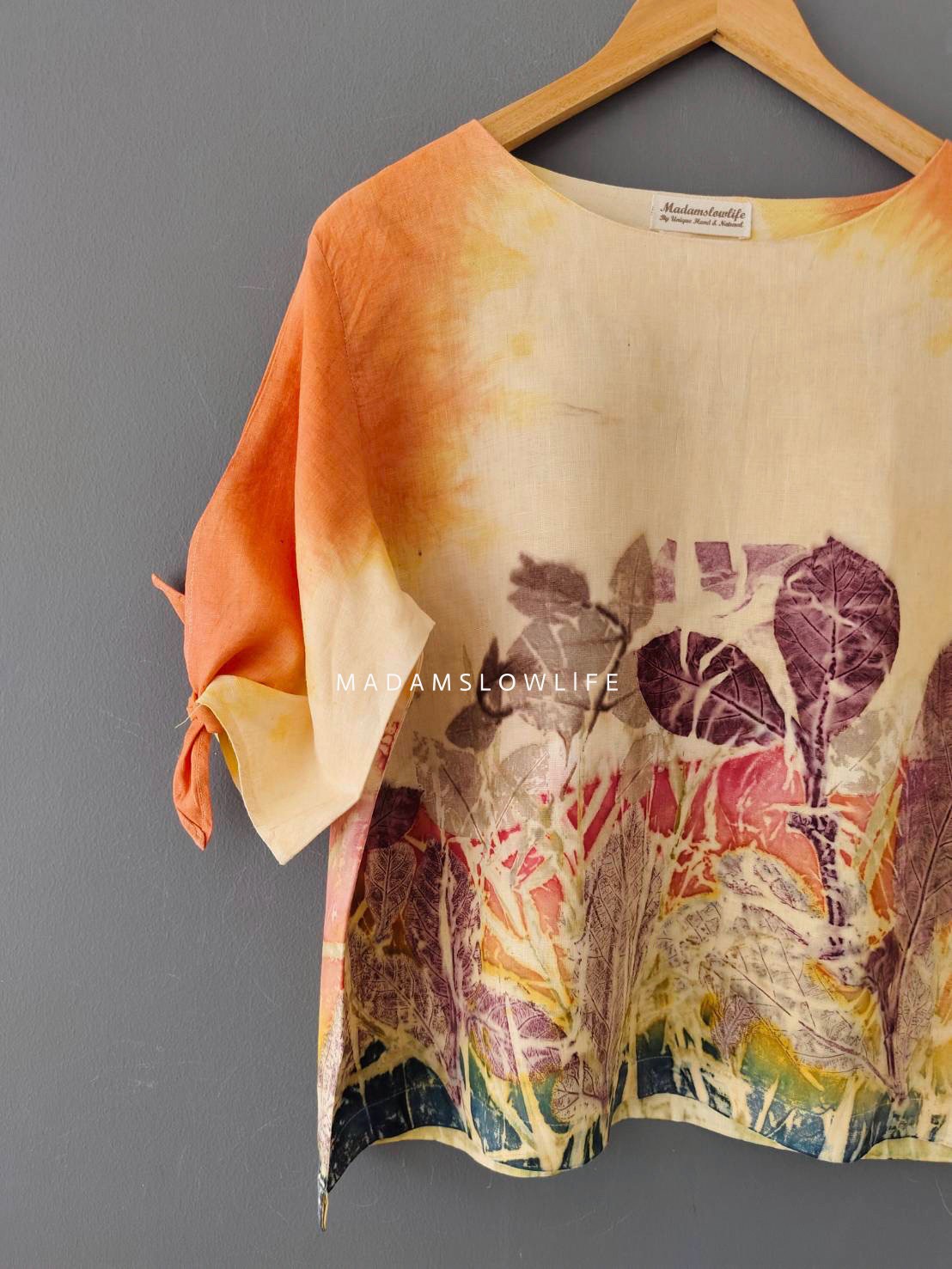 เสื้อผ้าลินินแท้ ลวดลายพิมพ์ลายแบบ eco-print อก 42 นิ้ว ยาว 22 นิ้ว