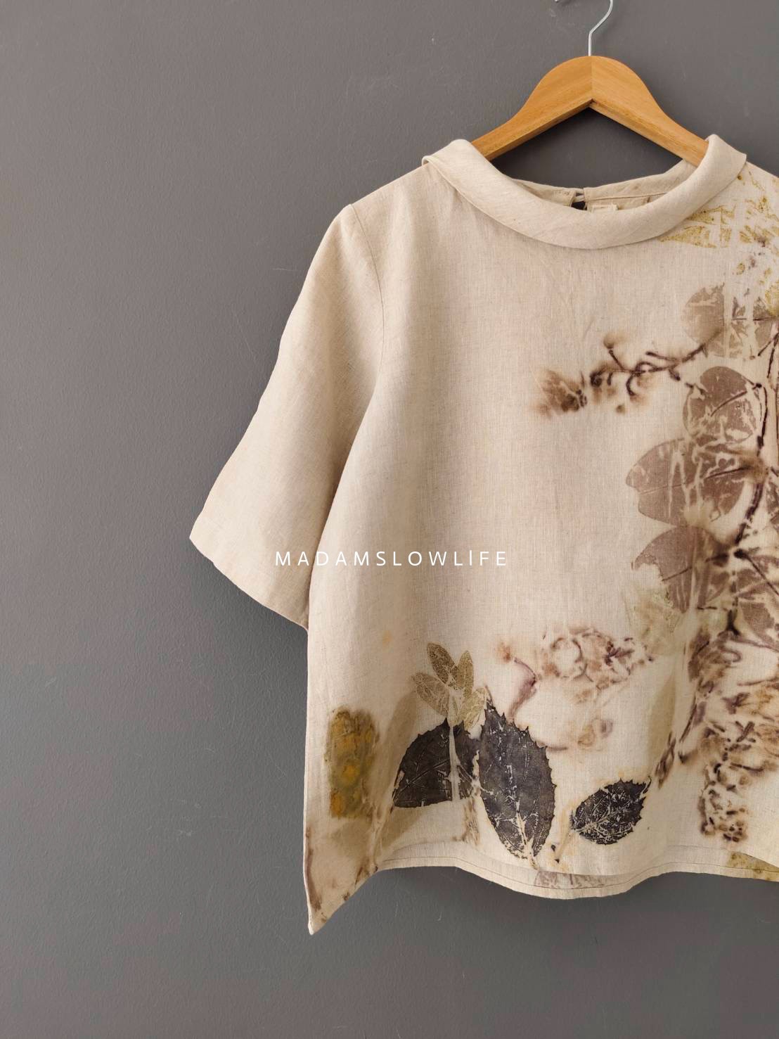 เสื้อผ้าลินินแท้ ลวดลายพิมพ์ลายแบบ eco-print อก 40 นิ้ว ยาว 22 นิ้ว