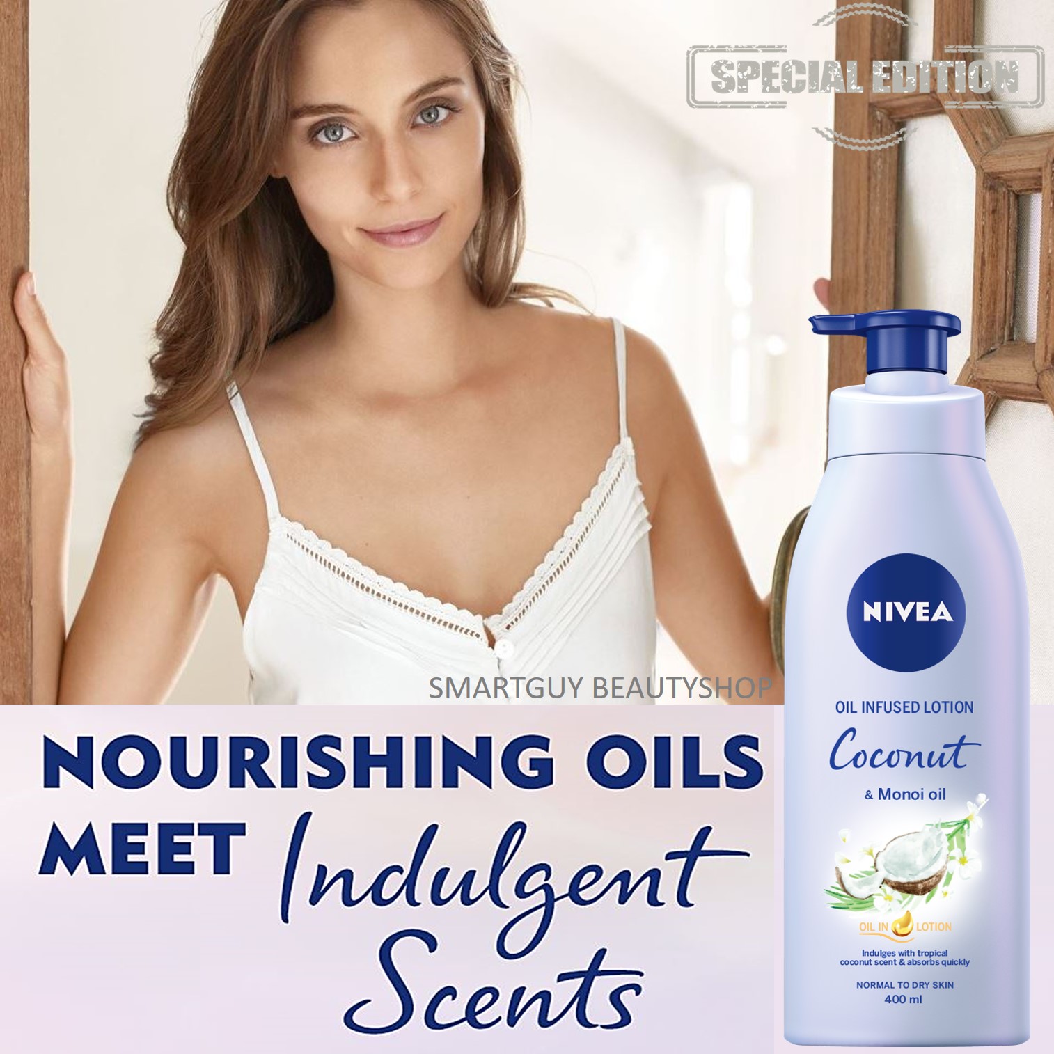 NIVEA Infused Lotion Coconut & Monoi Oil 400ml โลชั่นสูตรพิเศษสำหรับผิวกายจากส่วนผสมสารสกัดมะพร้าวและน้ำมันโมนอย สินค้านำเข้าจากต่างประเทศ