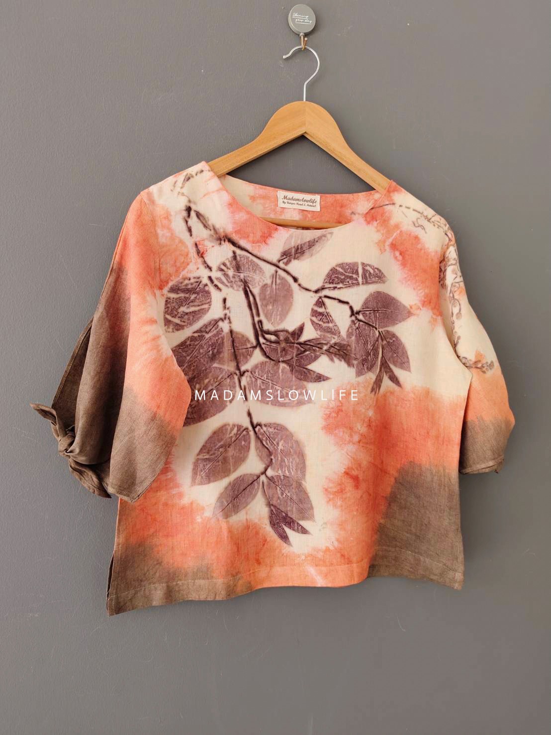 เสื้อผ้าลินินแท้ ลวดลายพิมพ์ลายแบบ eco-print อก 40 นิ้ว ยาว 22 นิ้ว