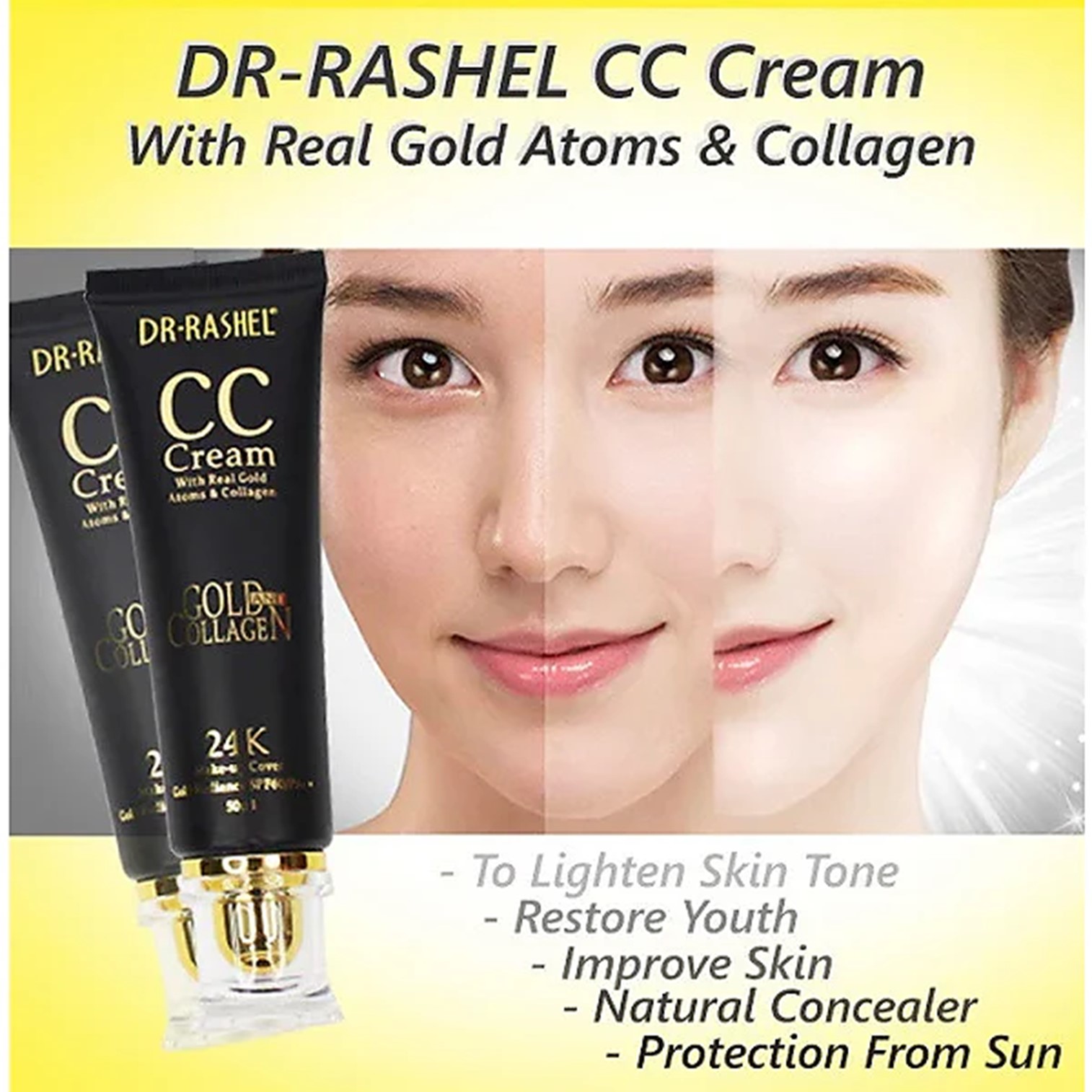 Dr.Rashel 24K Gold collagen CC Cream SPF60 ซีซีครีมสูตรคอลลาเจนผสมทองคำเนื้อบางเบาพร้อมป้องกันแสงแดดในขั้นตอนเดียวสินค้าของแท้พร้อมส่ง