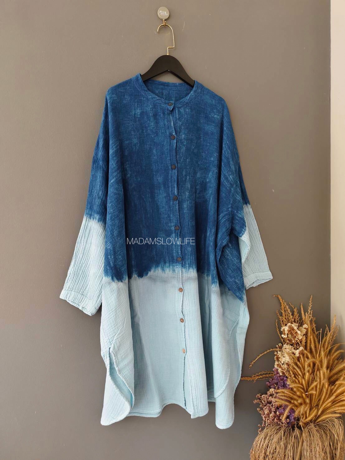 เดรสคอตตอนย้อมครามธรรมชาติ (ผ้าสาลู มีเทคเจอร์)