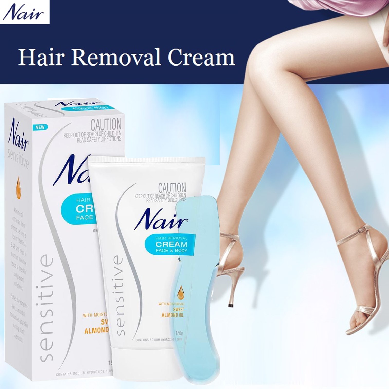 Nair Sensitive Face & Body Hair Removal Cream With Moisturising Sweet Almond Oil 150g ผลิตภัณฑ์กำจัดขนสำหรับผิวหน้าผิวกายสูตรอ่อนโยนพิเศษจากออสเตรเลีย