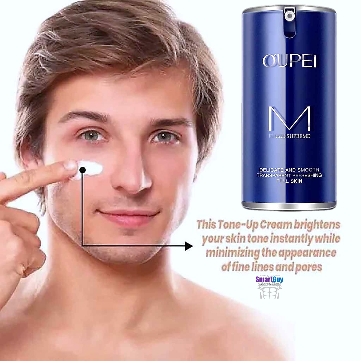 ครีมมอยซ์เจอร์ไรเซอร์สำหรับผู้ชายช่วยปรับผิวหน้ากระจ่างใสมีออร่าชุ่มชื่นอิ่มน้ำย้อนวัยผิวหน้าในทันที OUPEI Men Delicate And Smooth Transparent Refreshing Full Skin 50g.